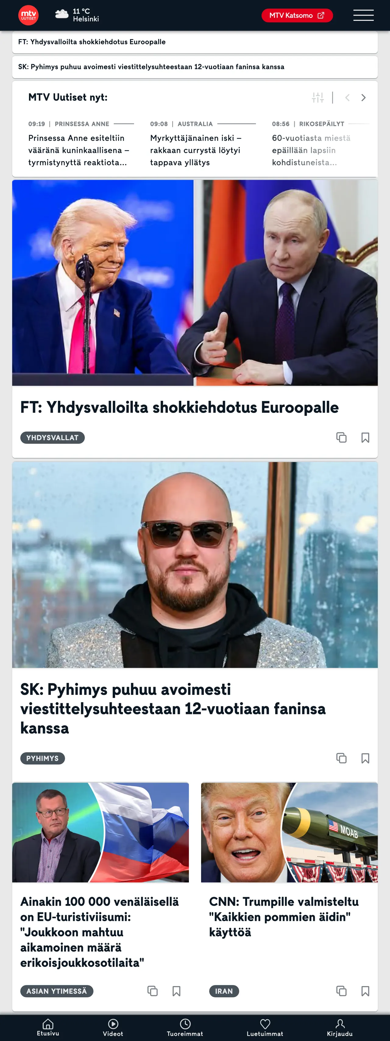 Screenshot of the MTV Uutiset front page