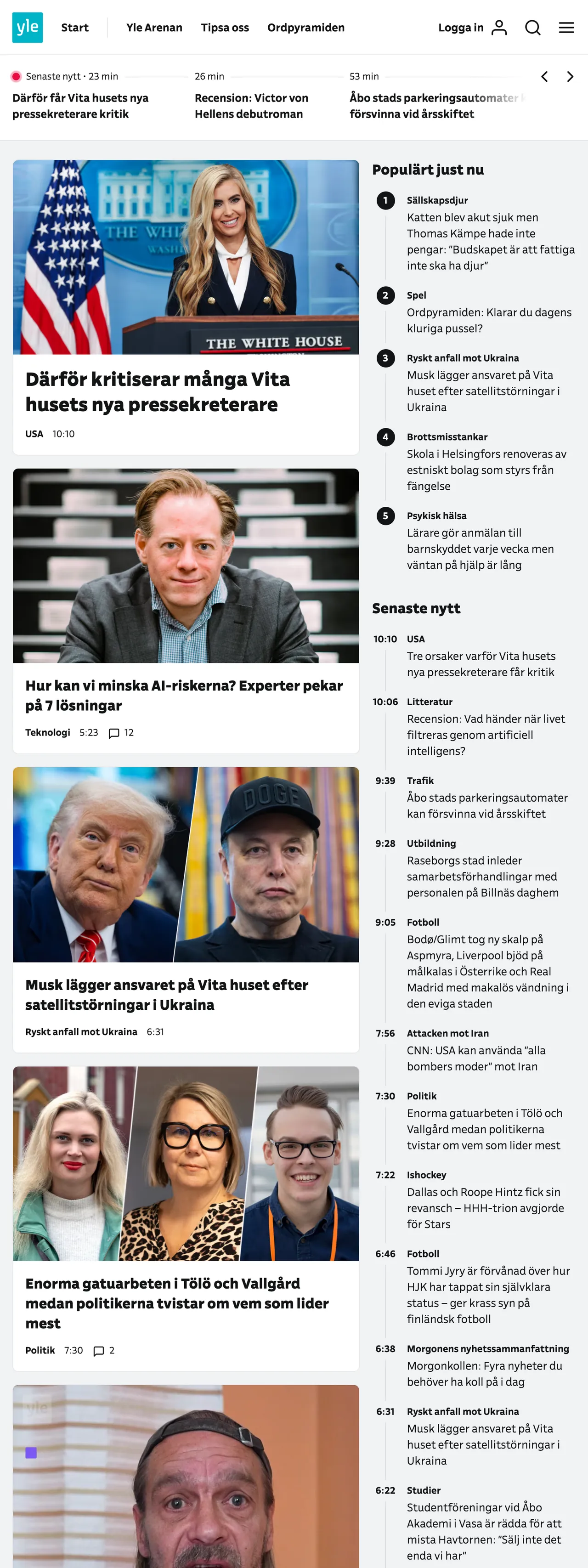Screenshot of the Svenska Yle front page