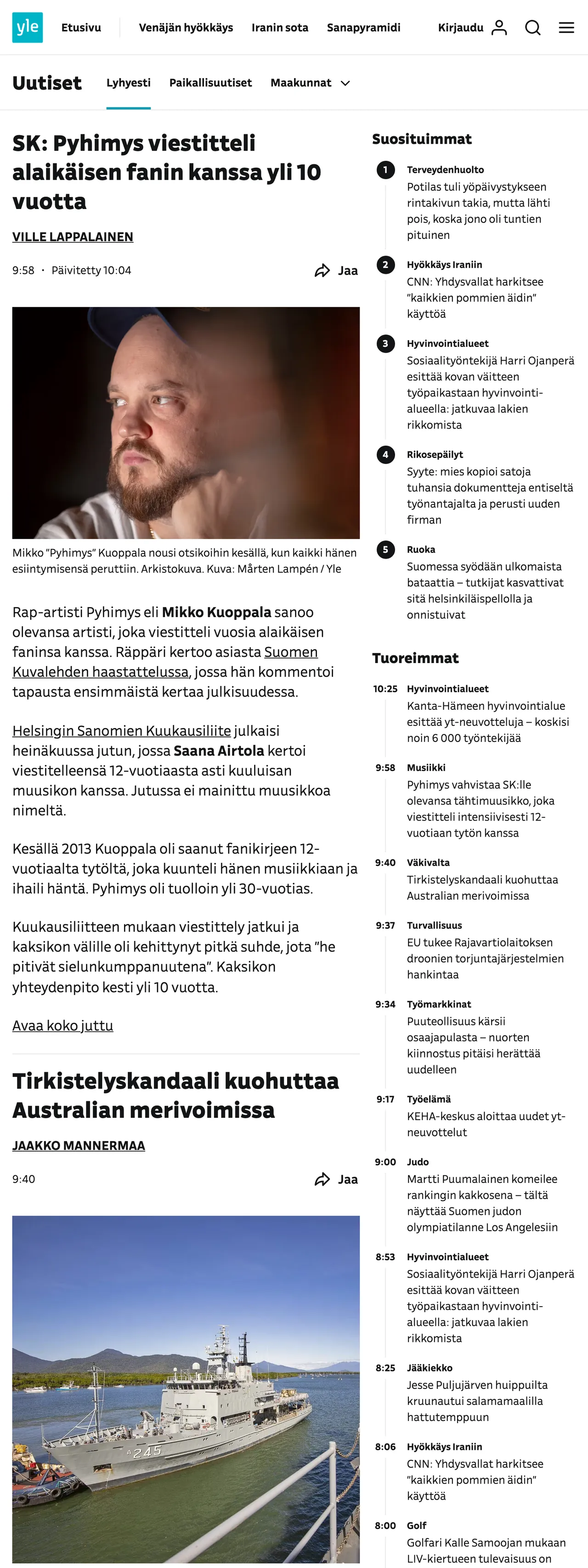 Screenshot of the Yle front page