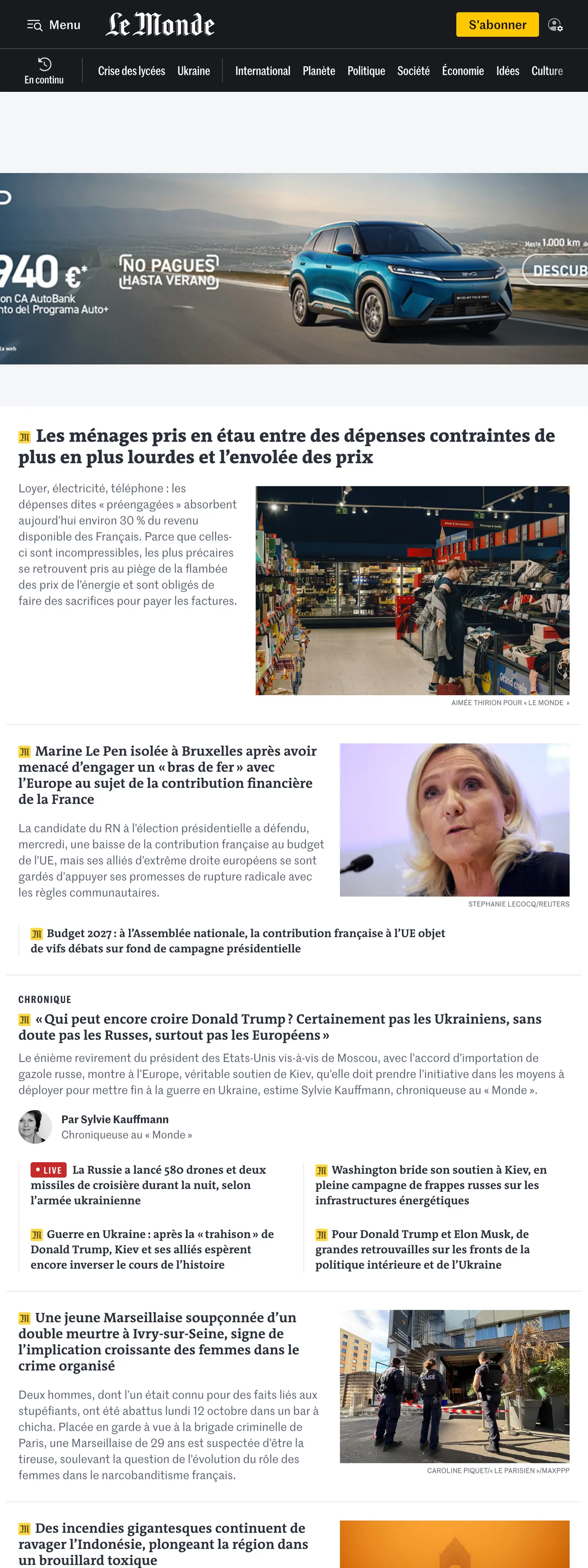 Screenshot of the Le Monde front page