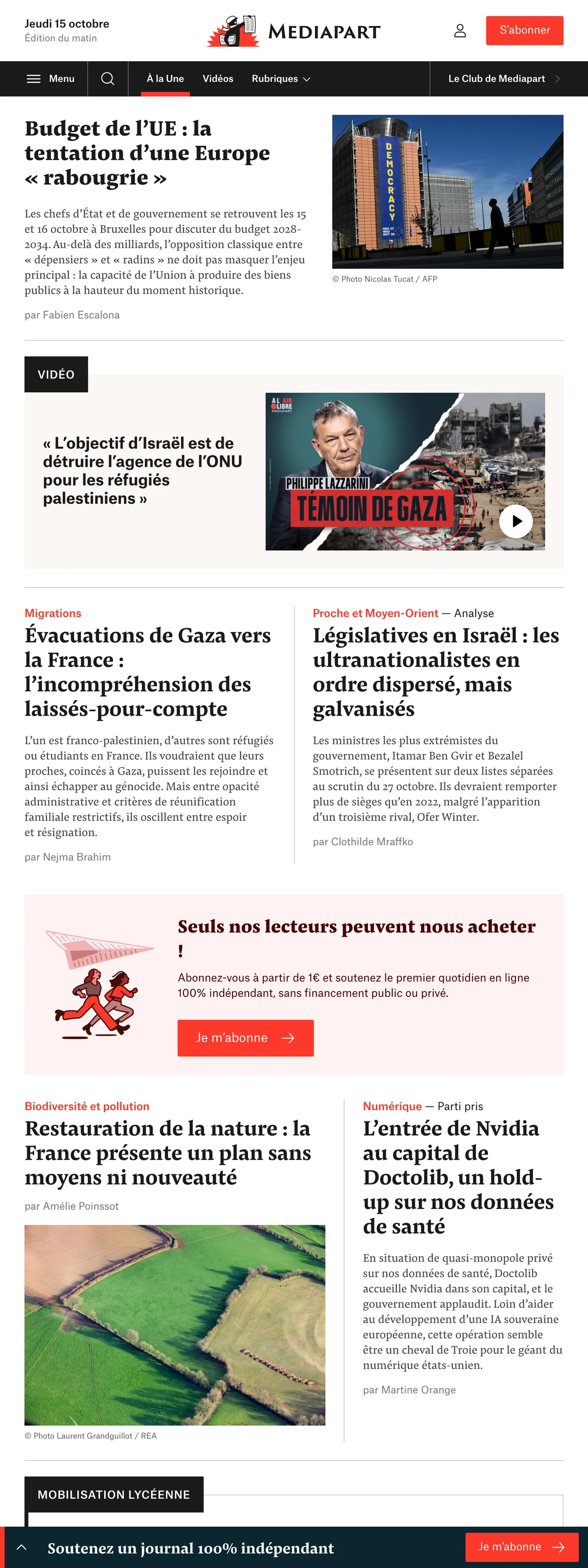 Screenshot of the Mediapart front page