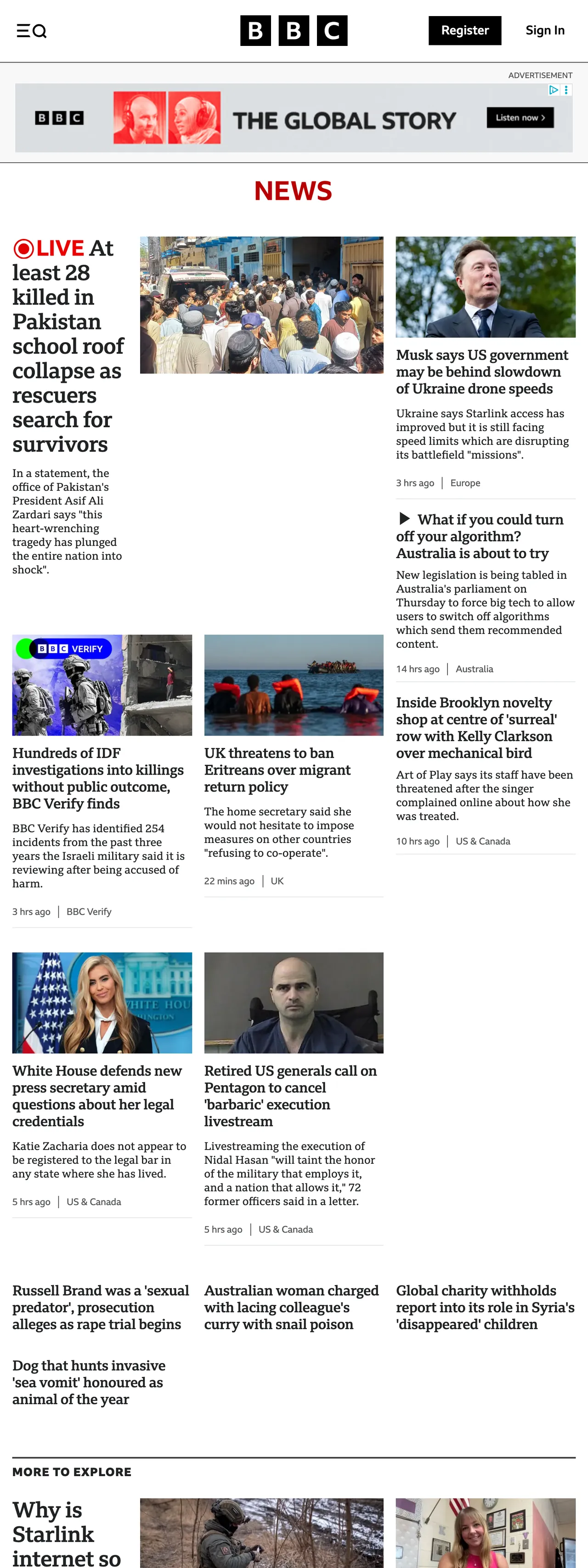 Screenshot of the BBC News front page
