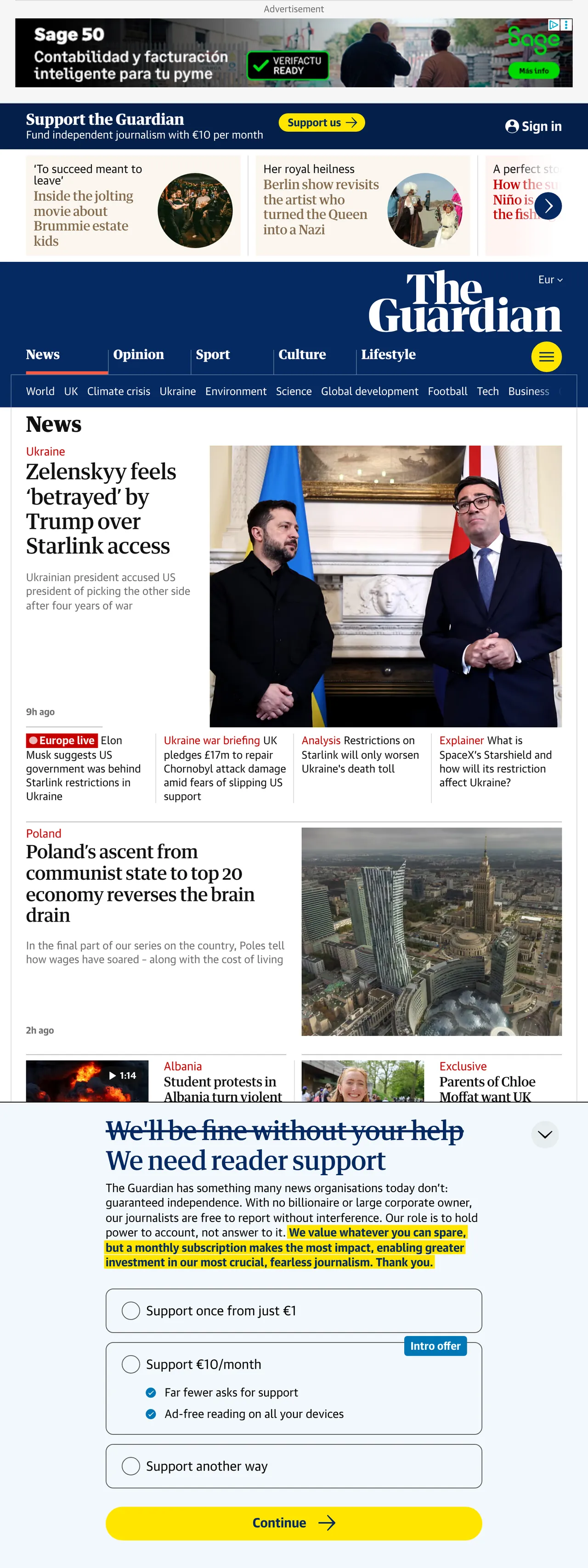 Screenshot of the The Guardian front page
