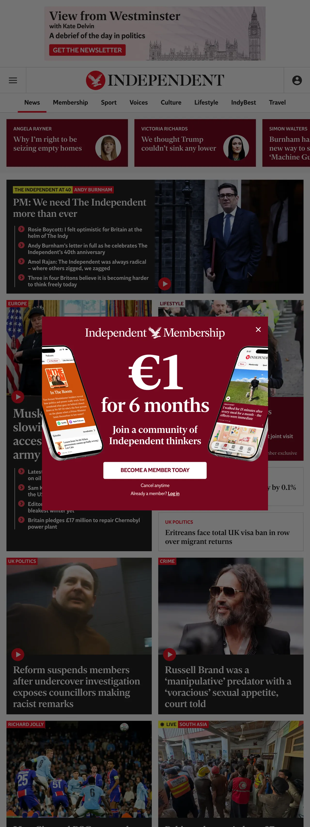 Screenshot of the The Independent front page