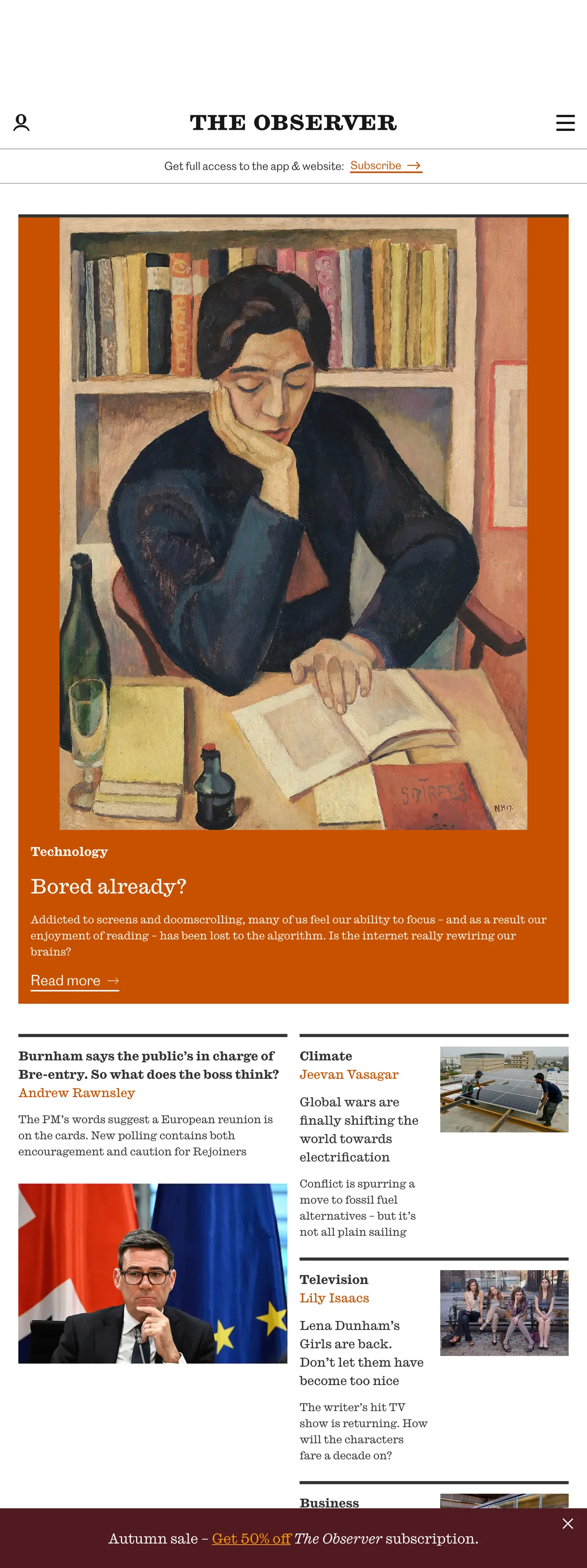 Screenshot of the The Observer front page