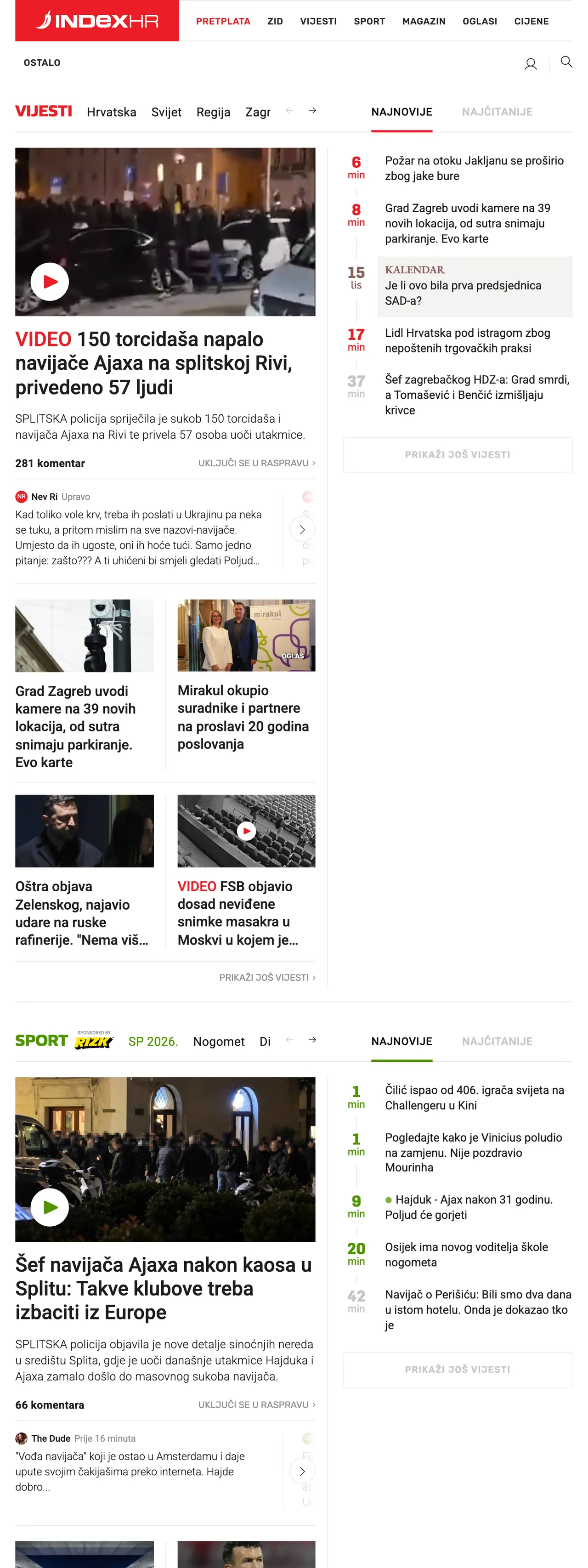Screenshot of the Index.hr front page