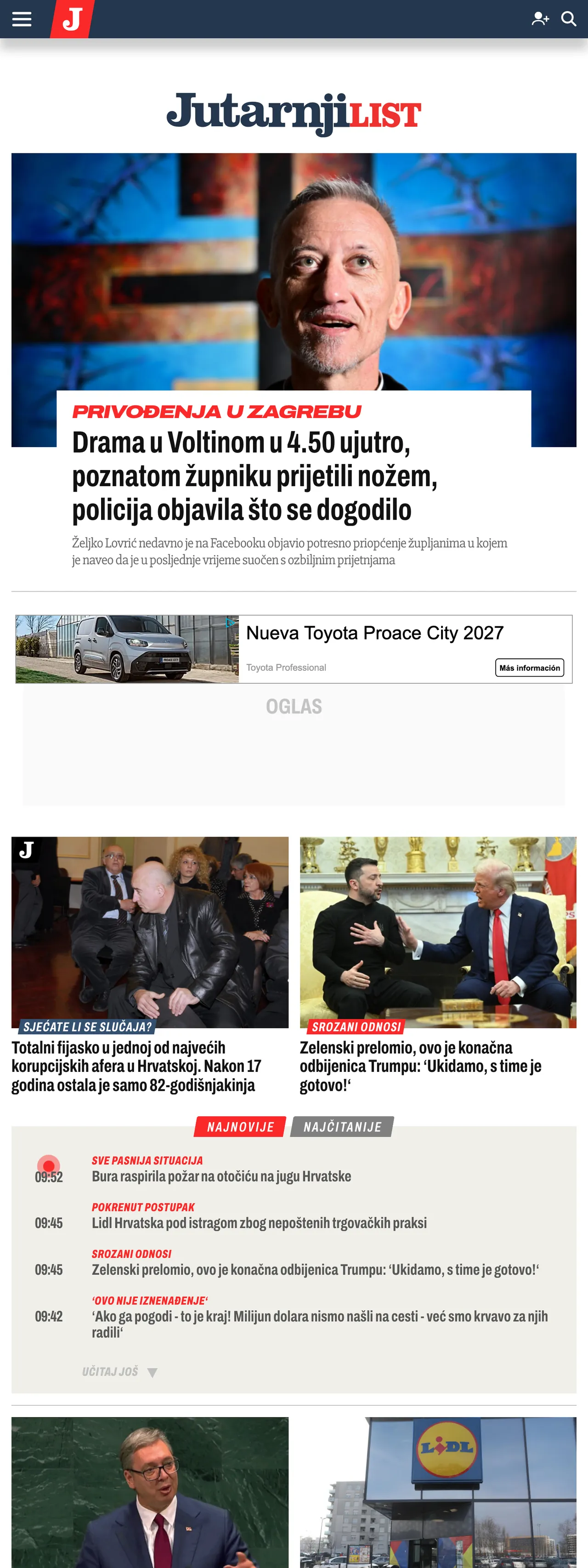 Screenshot of the Jutarnji list front page