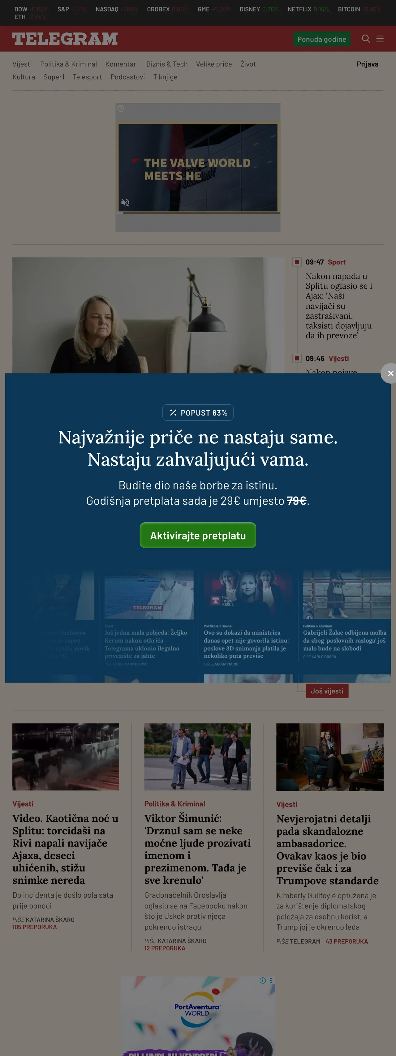 Screenshot of the Telegram.hr front page