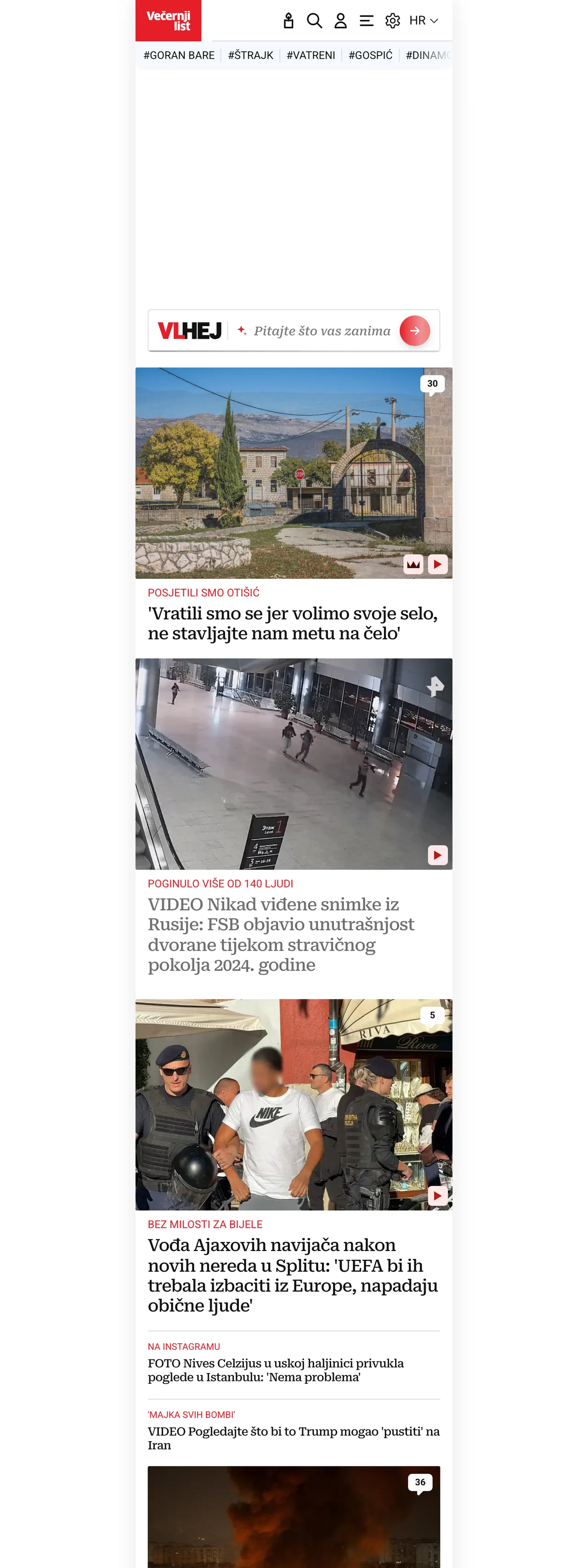 Screenshot of the Večernji list front page