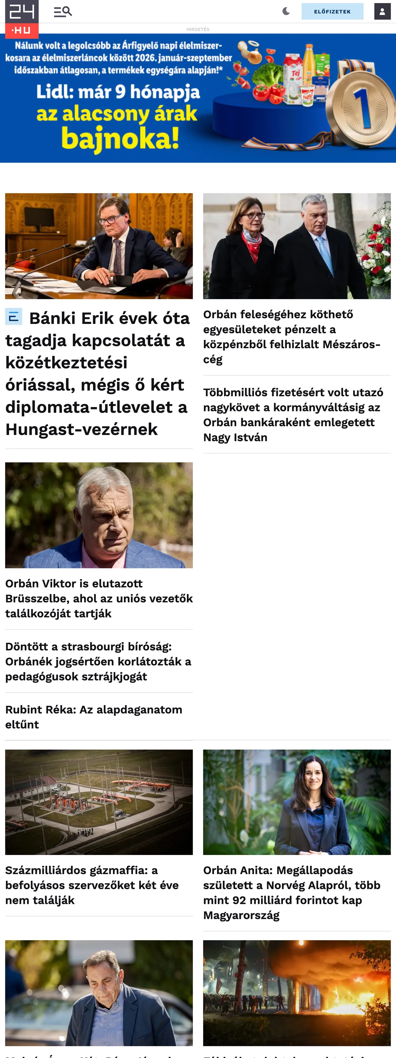 Screenshot of the 24.hu front page