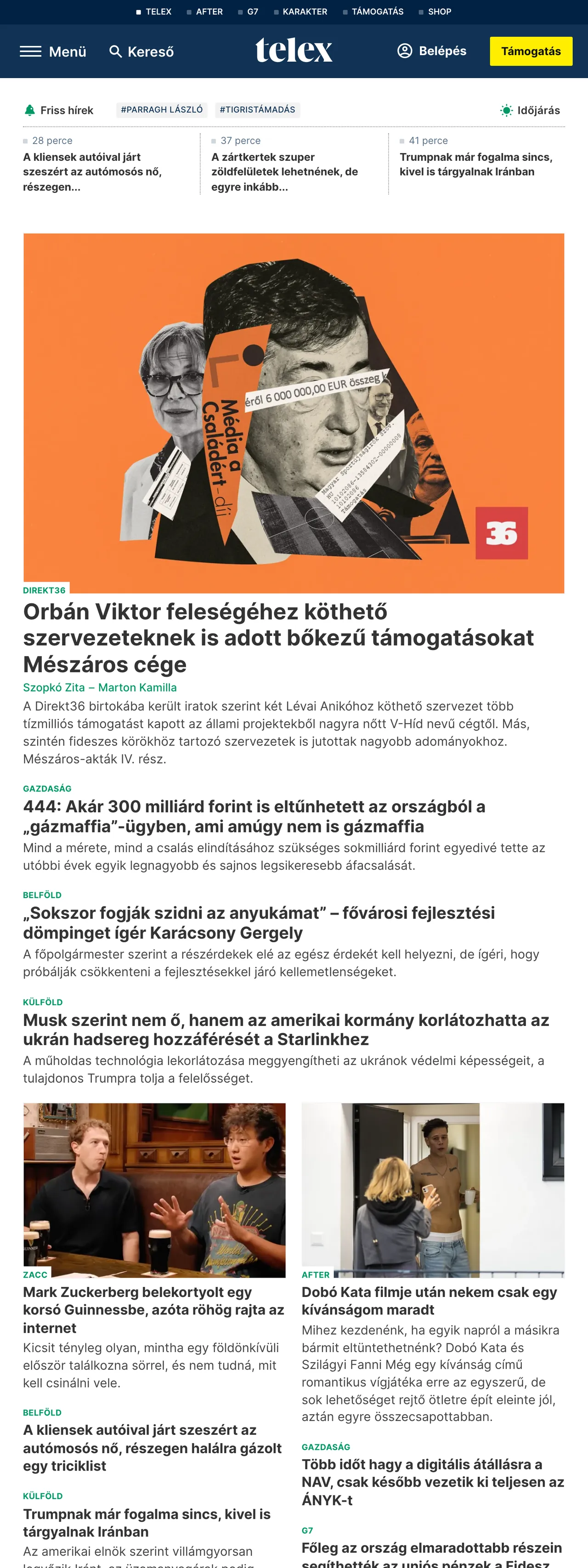 Screenshot of the Telex front page