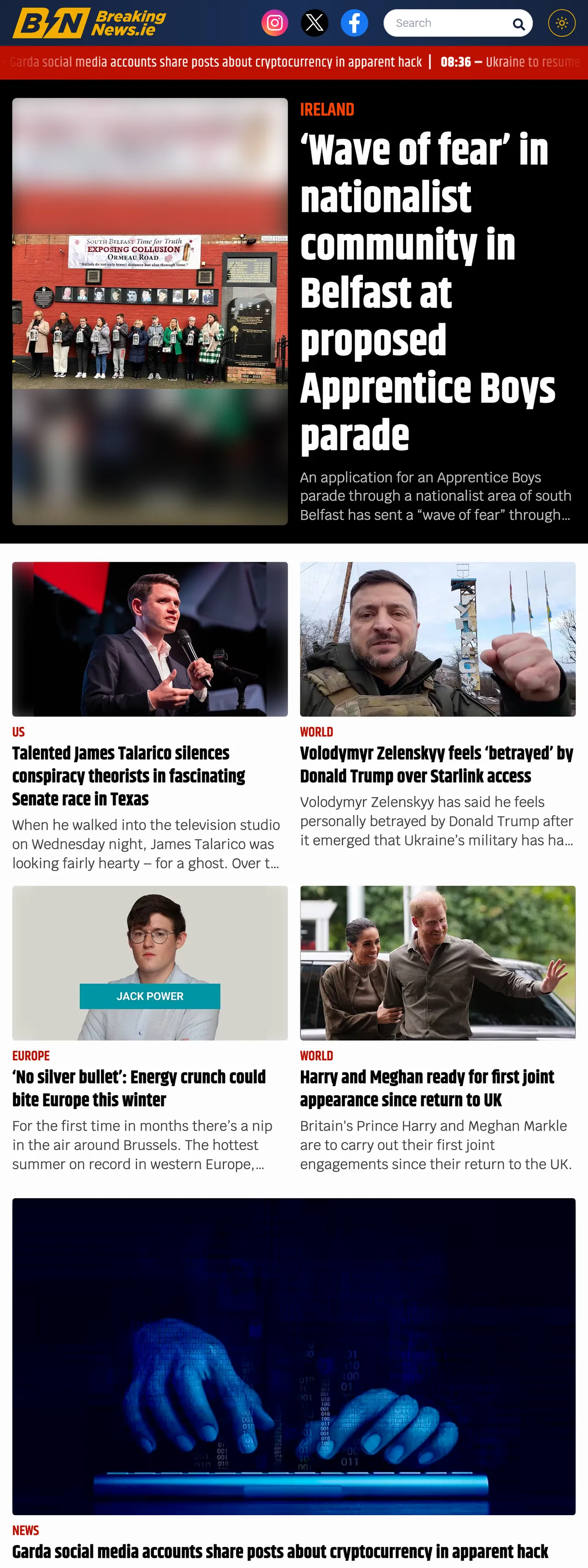 Screenshot of the BreakingNews.ie front page