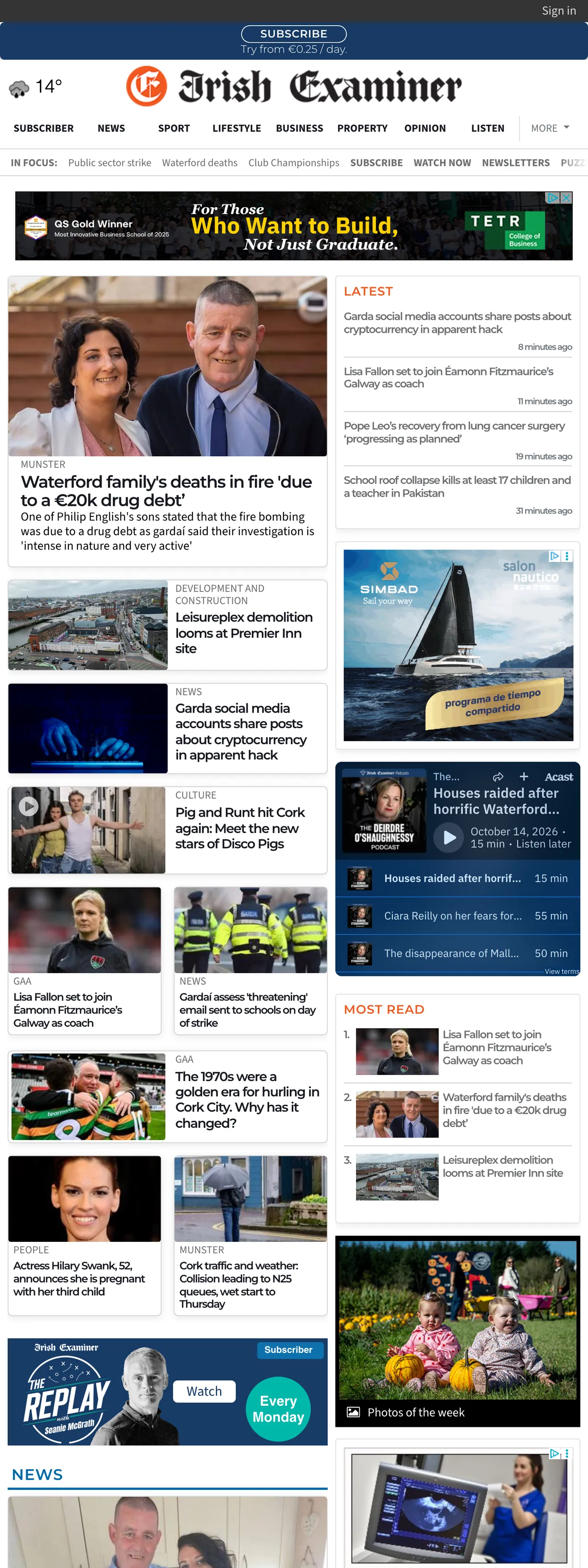 Screenshot of the Irish Examiner front page