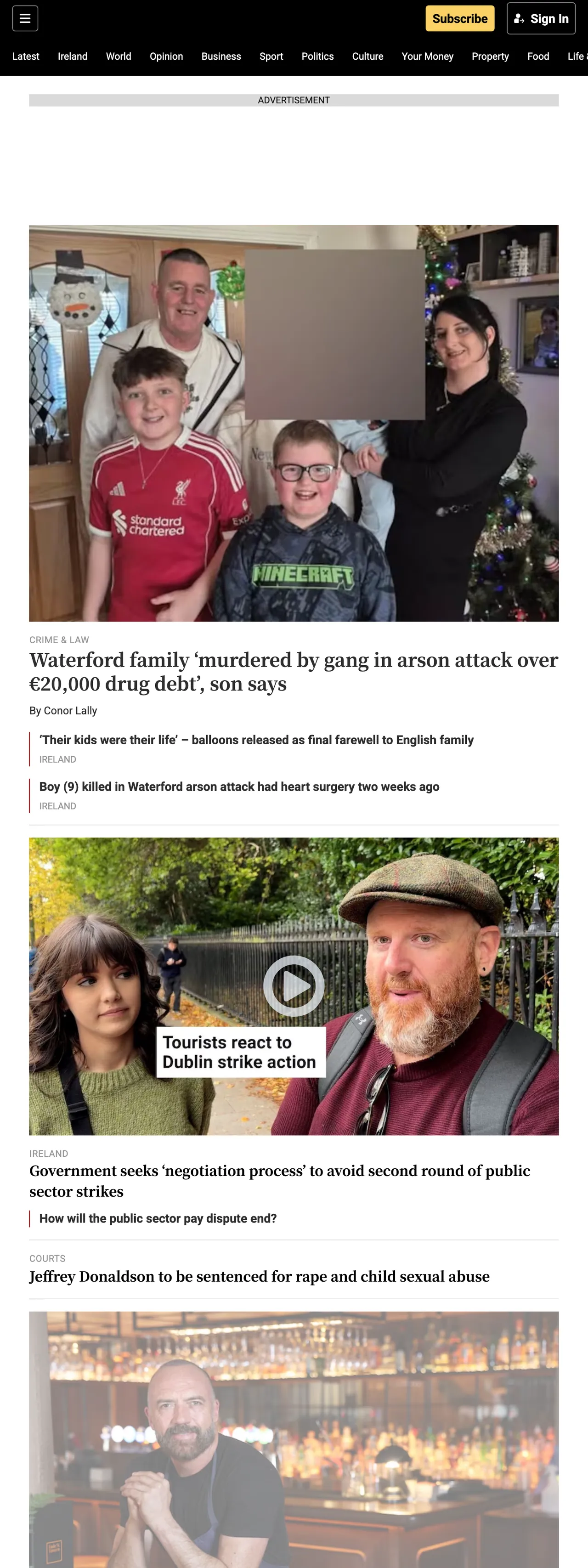 Screenshot of the The Irish Times front page