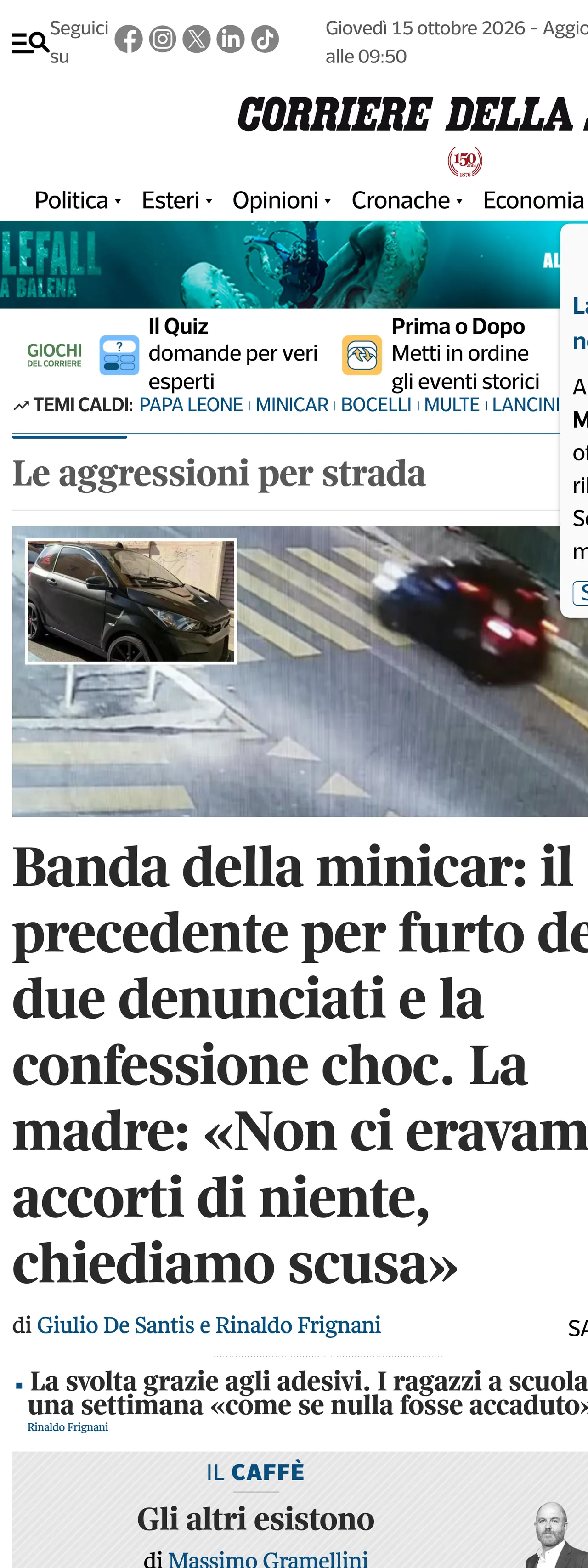 Screenshot of the Corriere della Sera front page