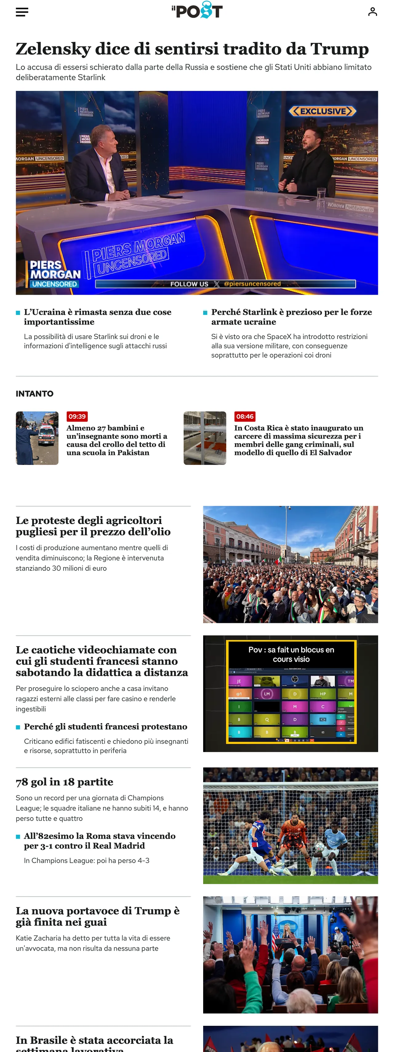 Screenshot of the Il Post front page