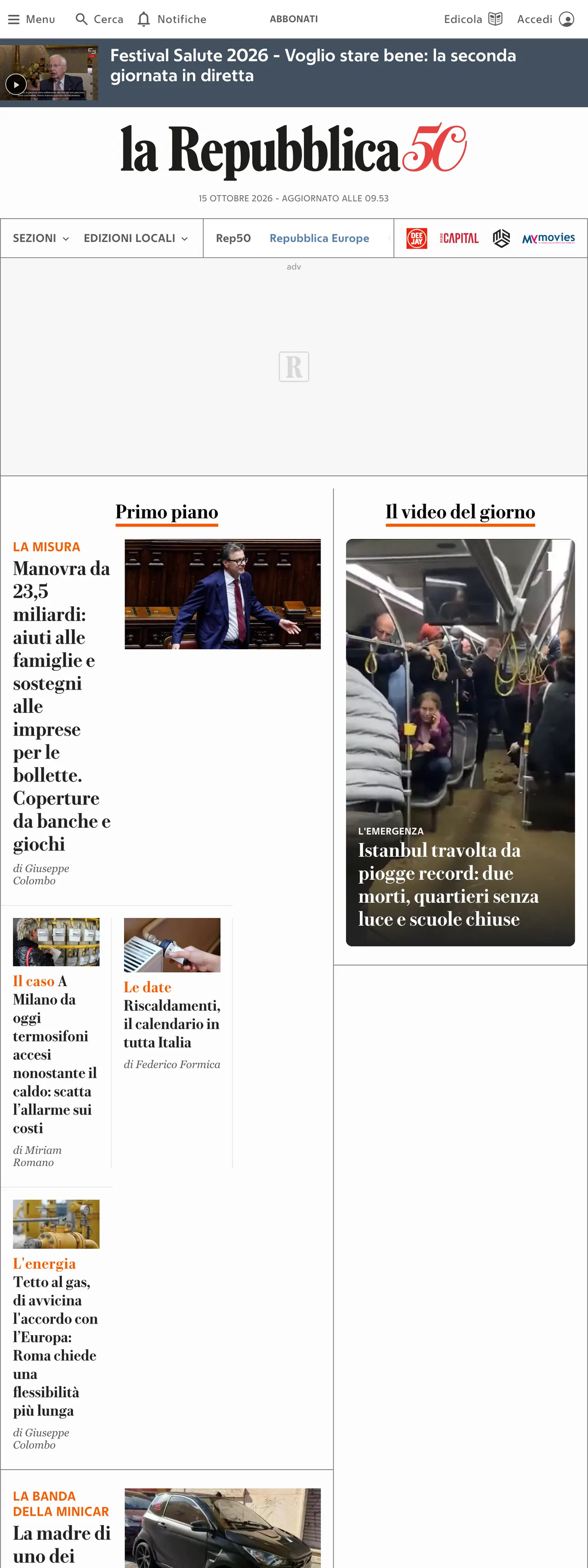 Screenshot of the la Repubblica front page