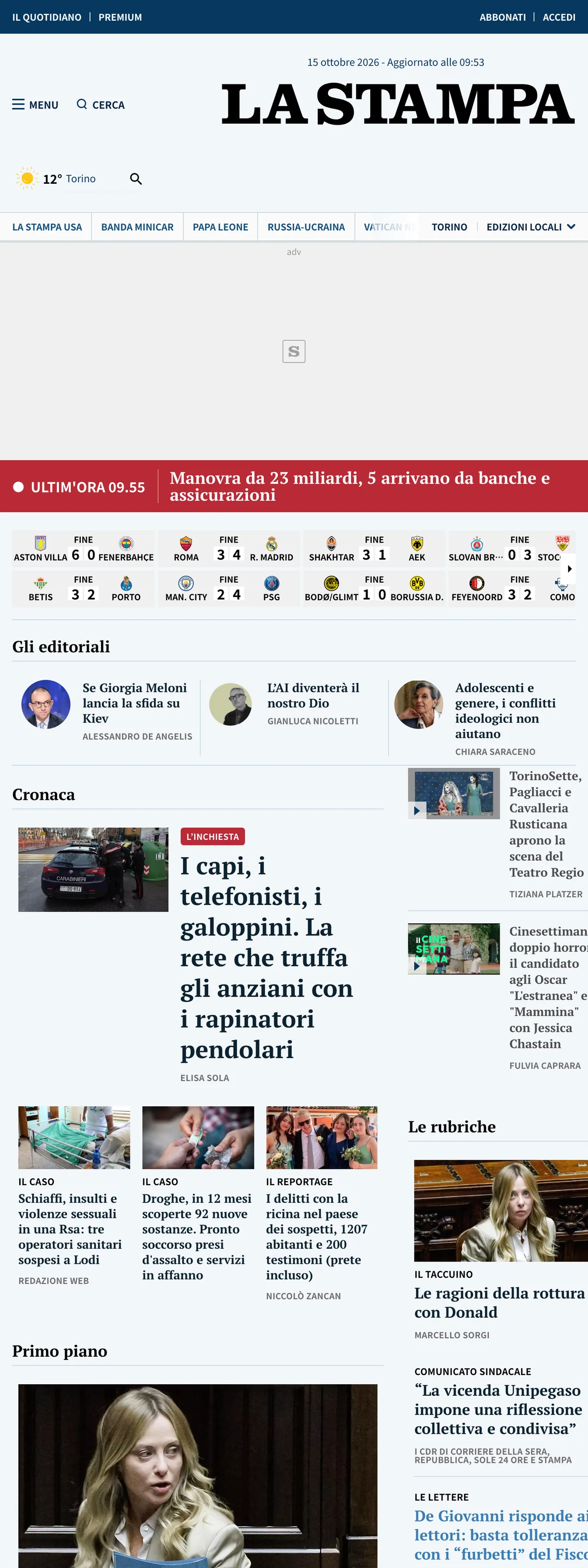Screenshot of the La Stampa front page