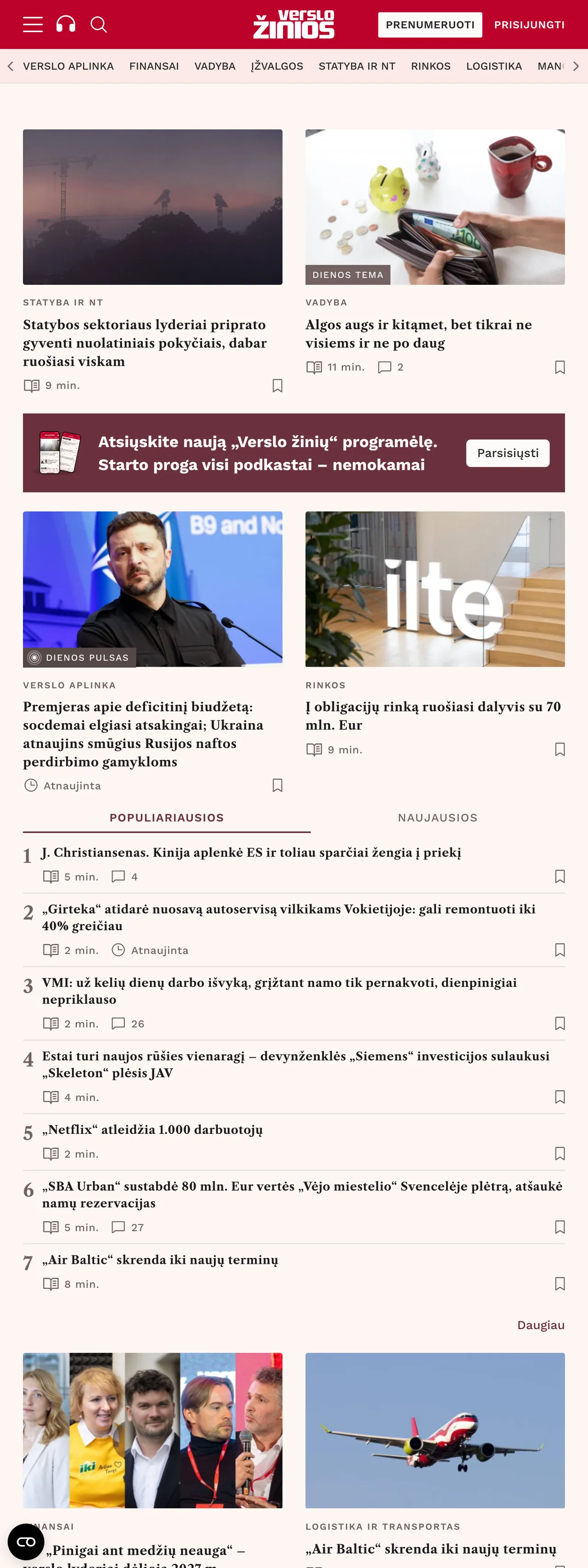 Screenshot of the Verslo žinios front page