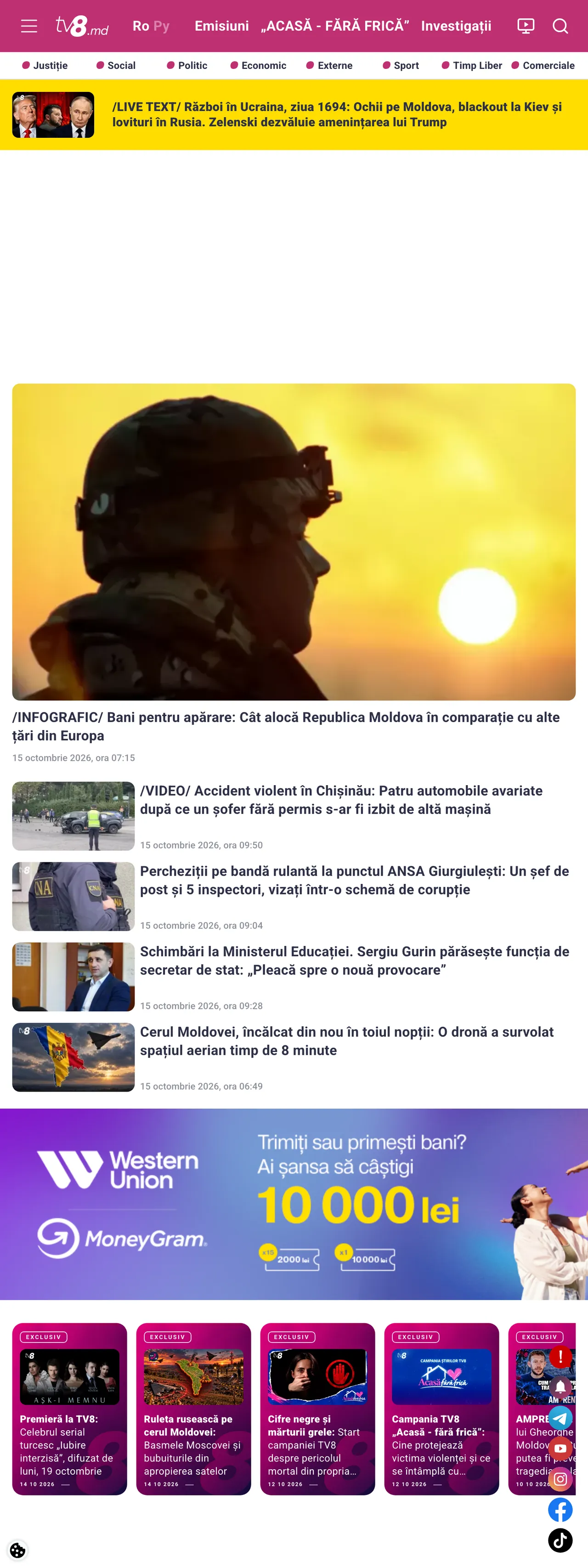 Screenshot of the TV8 front page