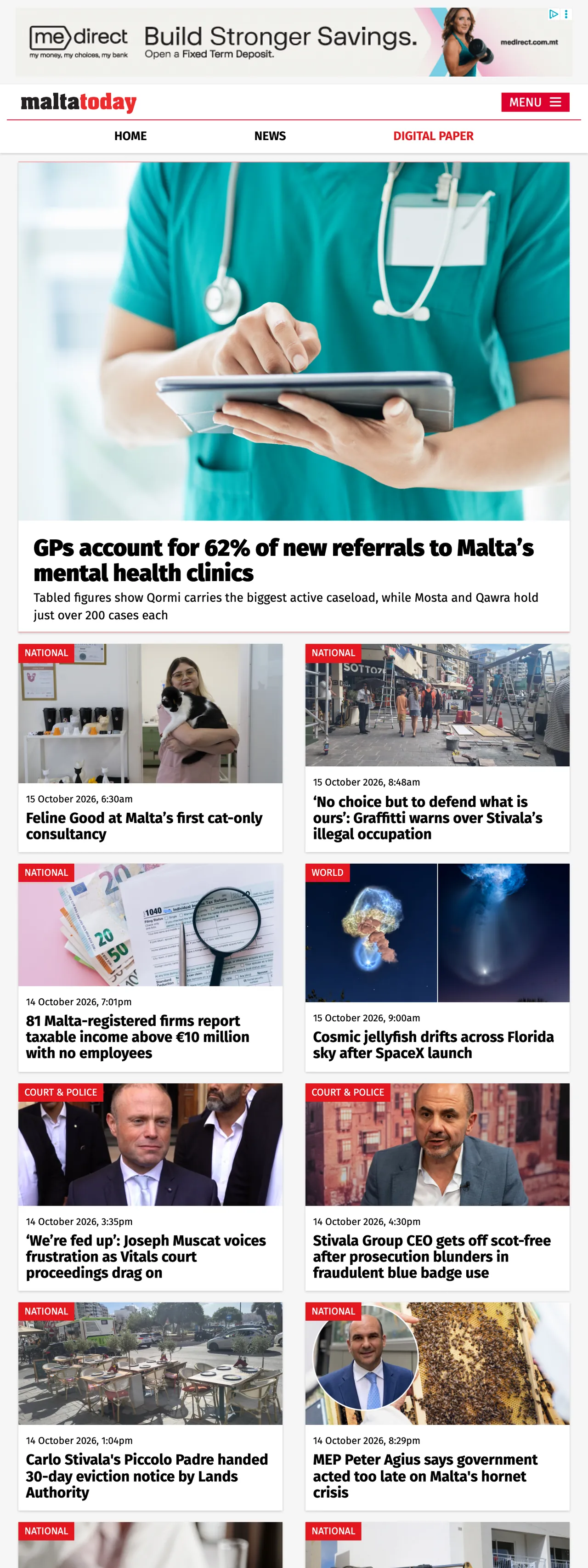 Screenshot of the Malta Today front page