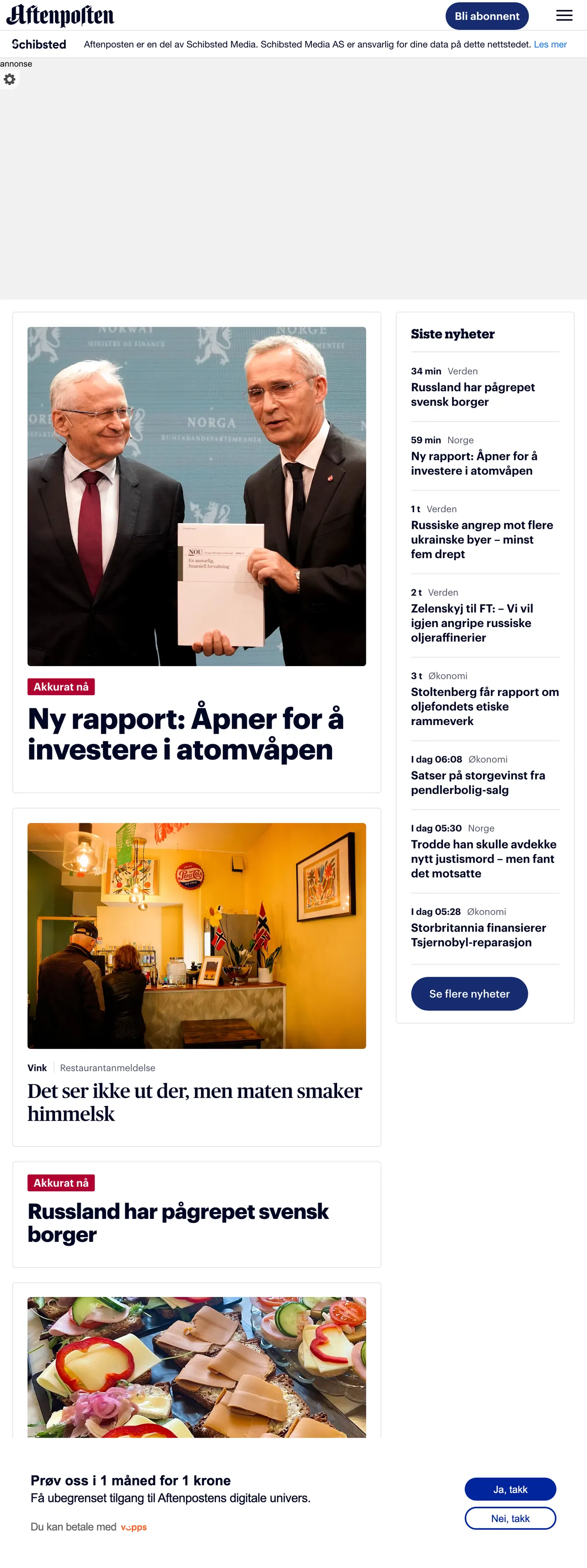 Screenshot of the Aftenposten front page