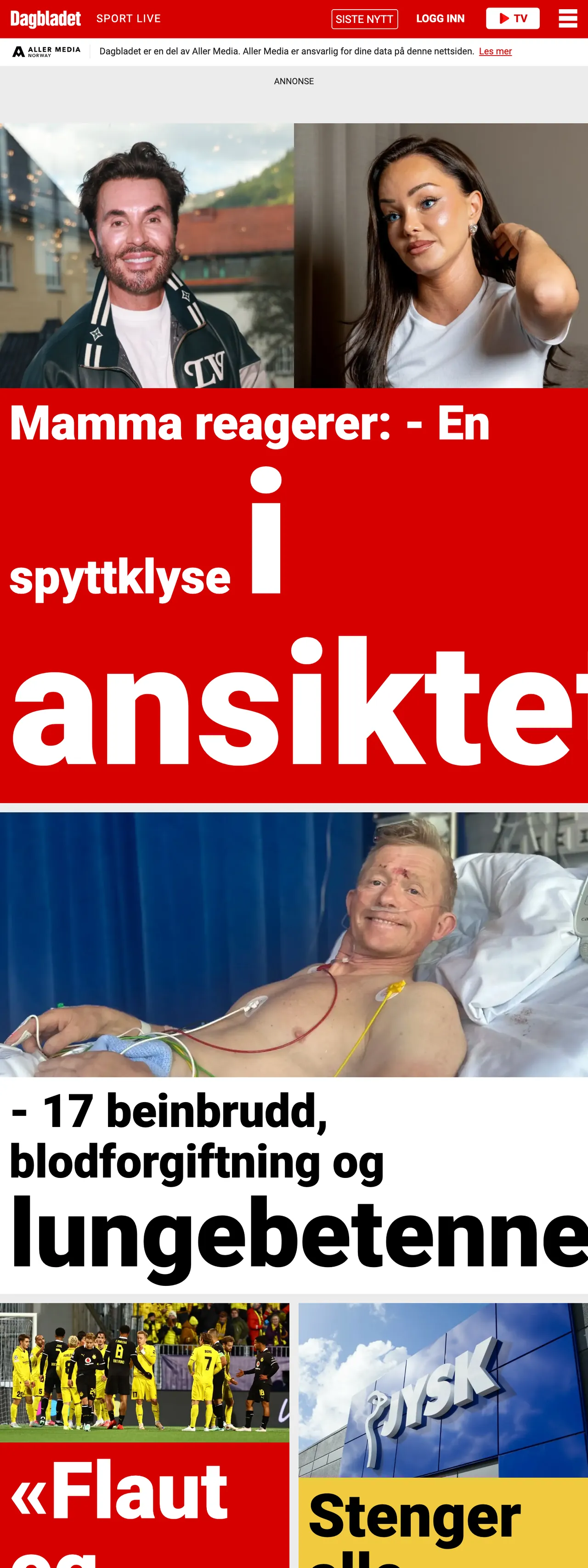 Screenshot of the Dagbladet front page