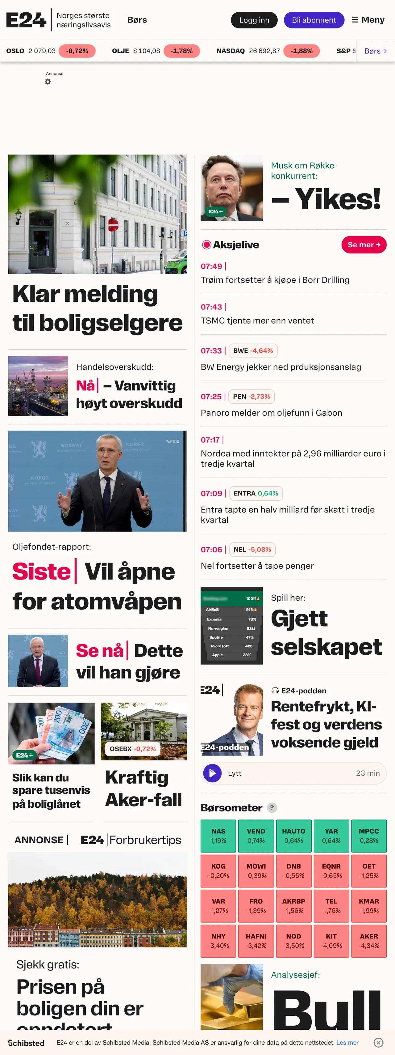 Screenshot of the E24 front page