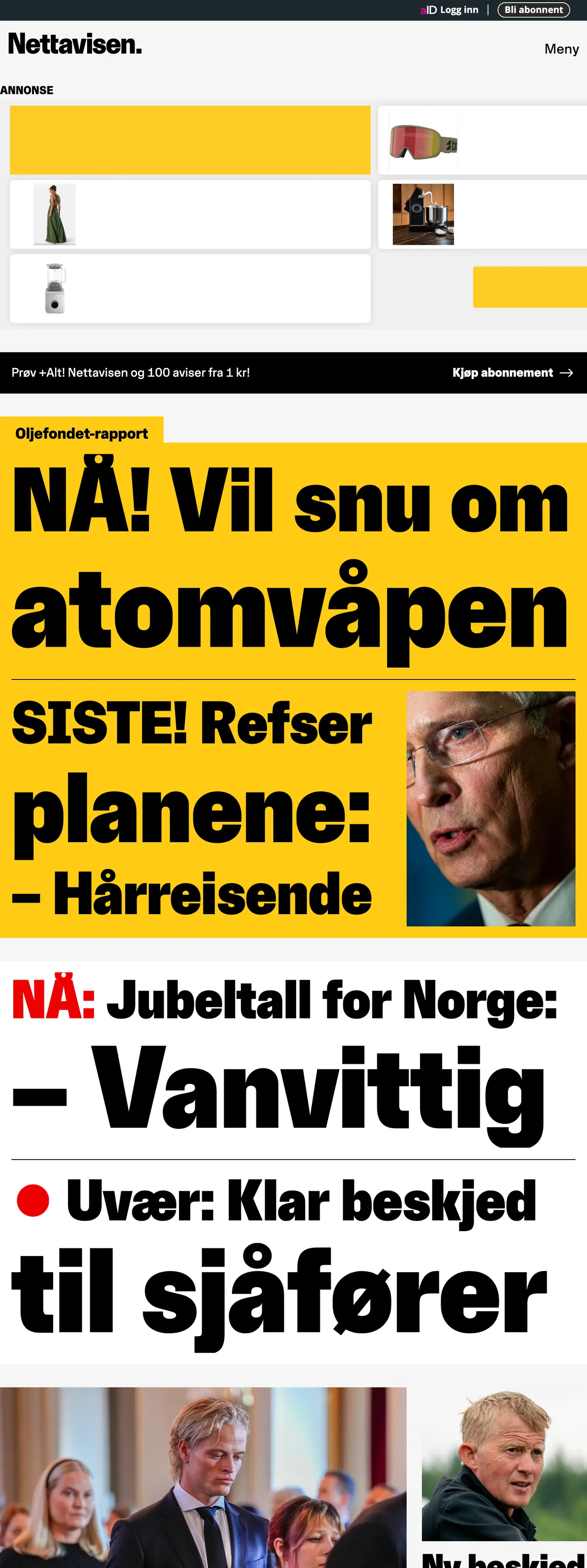 Screenshot of the Nettavisen front page