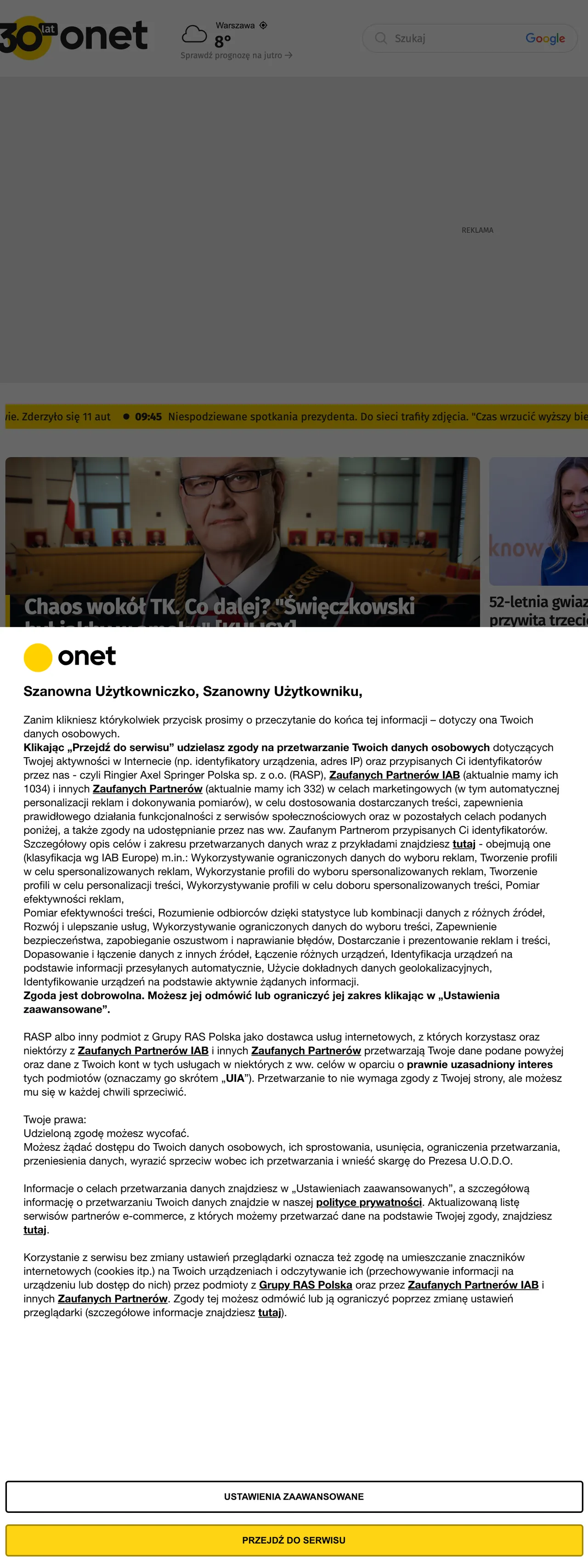 Screenshot of the Onet front page