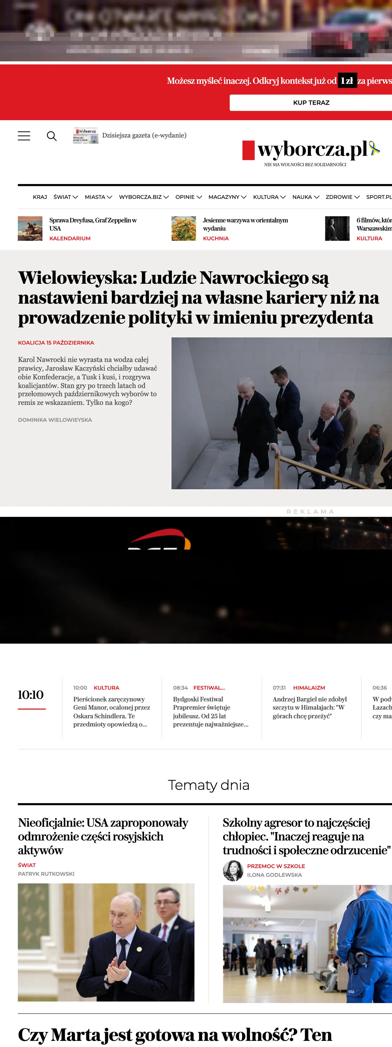 Screenshot of the Wyborcza front page