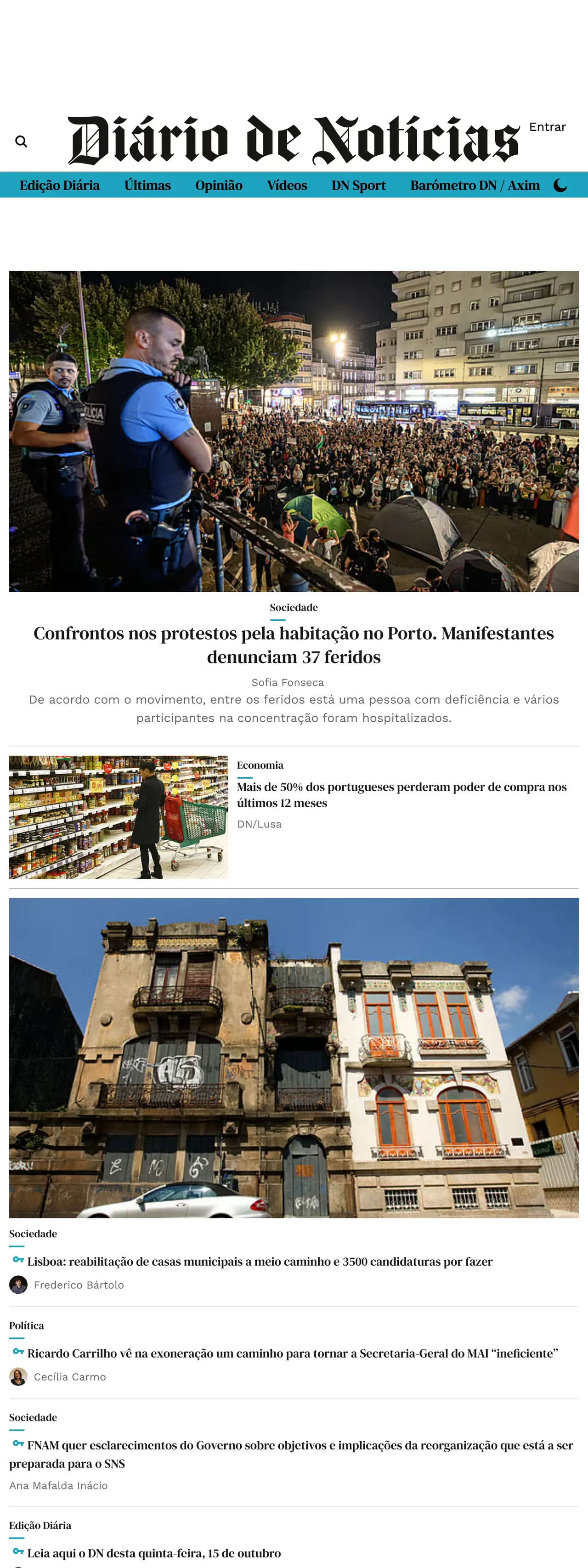 Screenshot of the Diário de Notícias front page