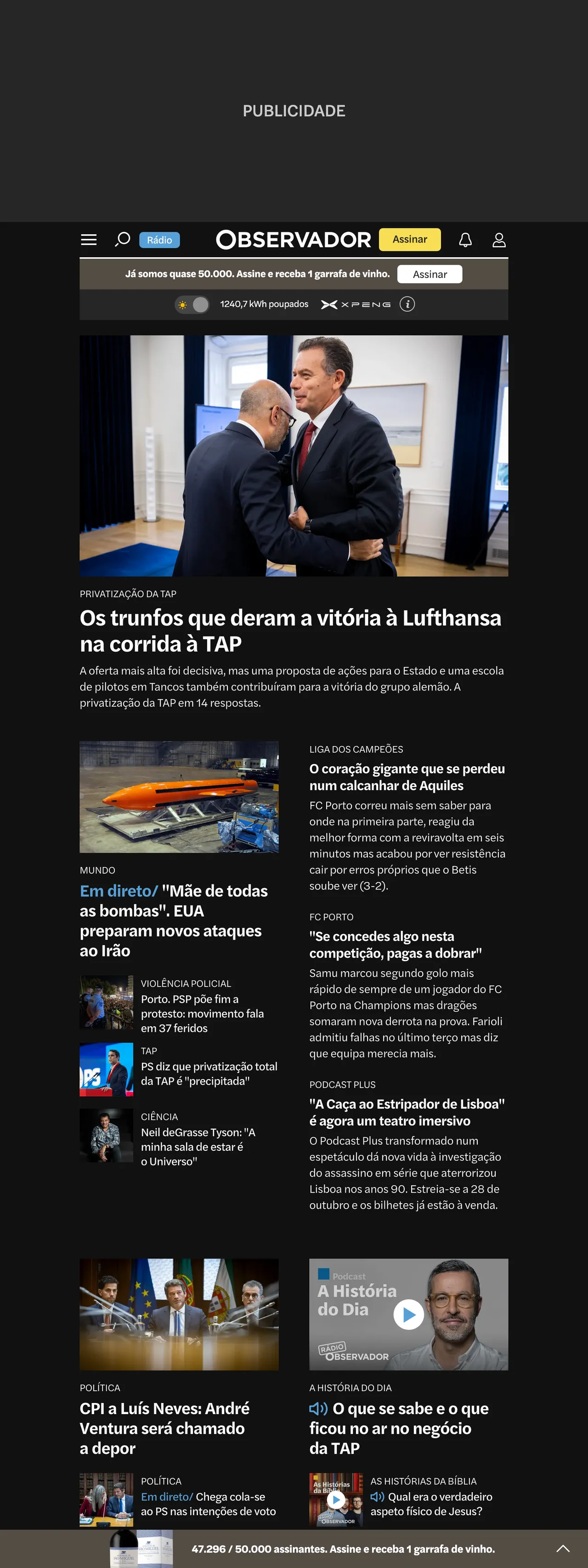 Screenshot of the Observador front page