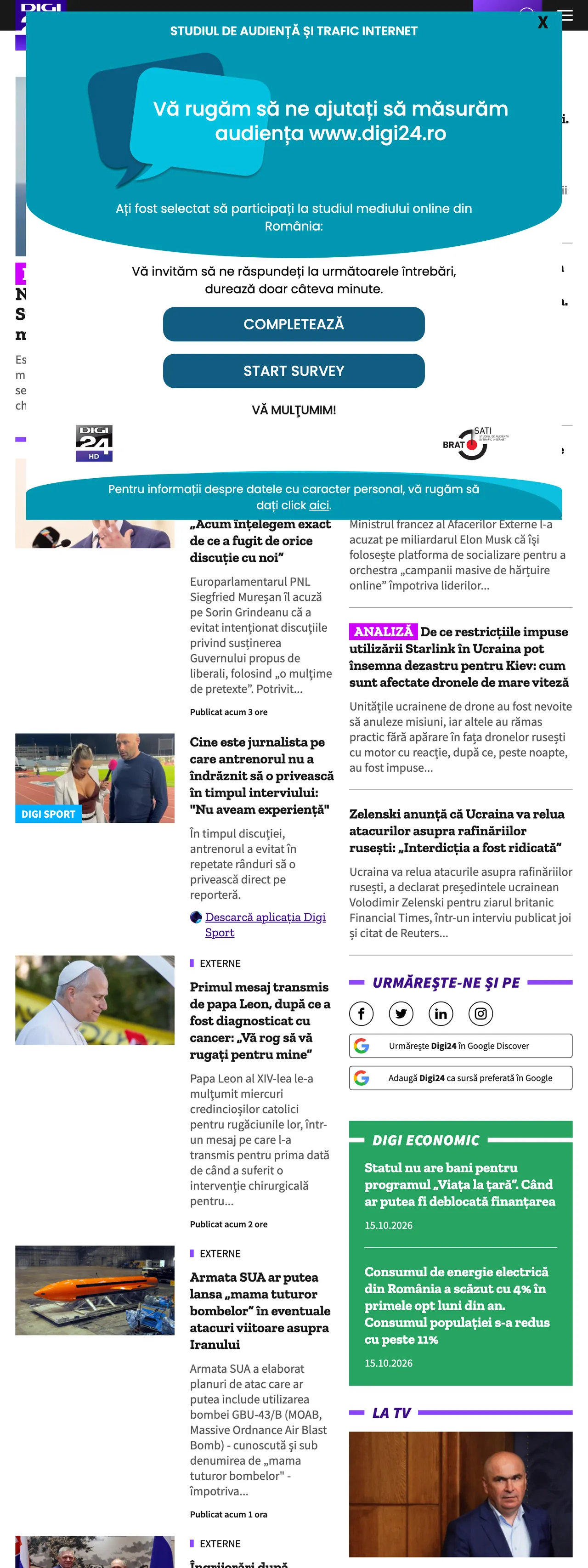 Screenshot of the Digi24 front page