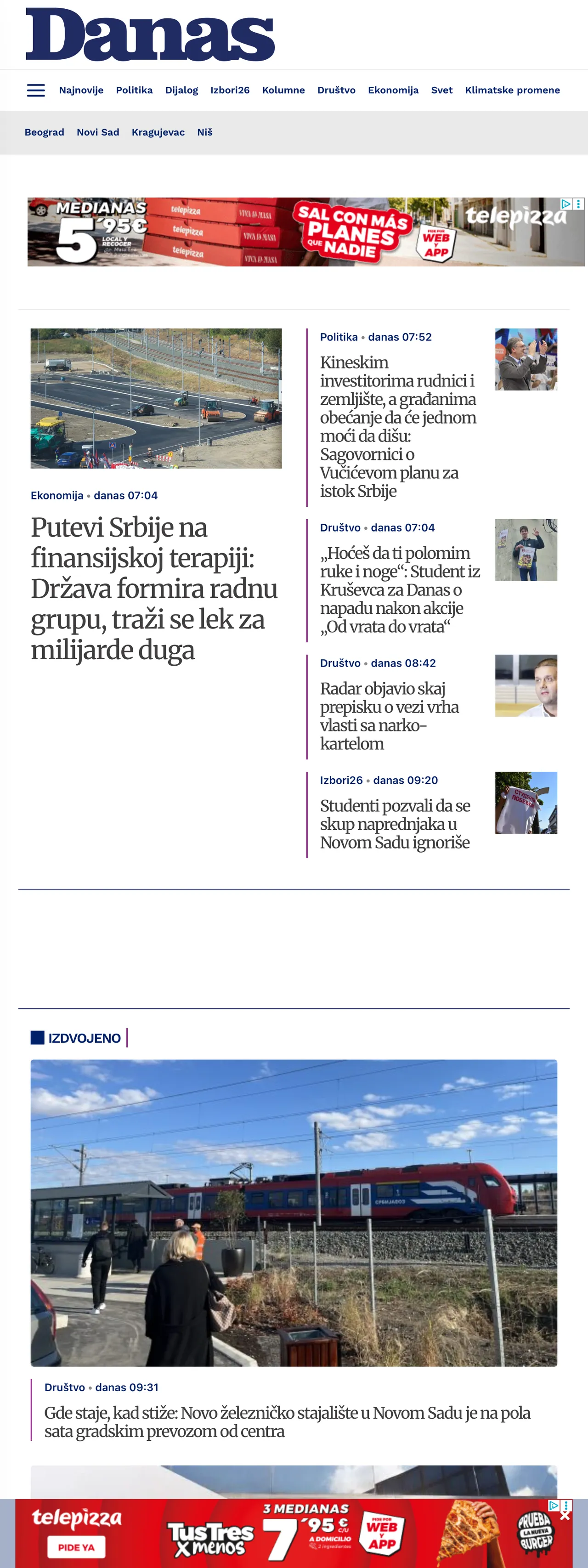 Screenshot of the Danas front page