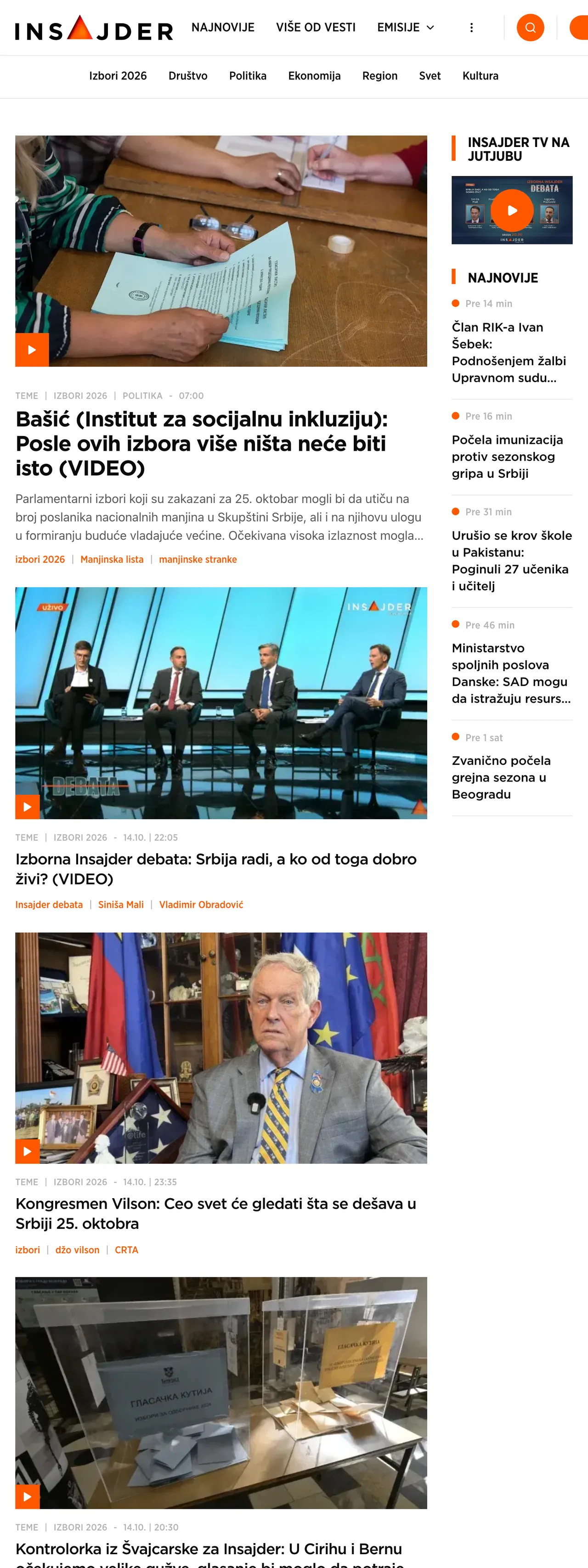 Screenshot of the Insajder front page