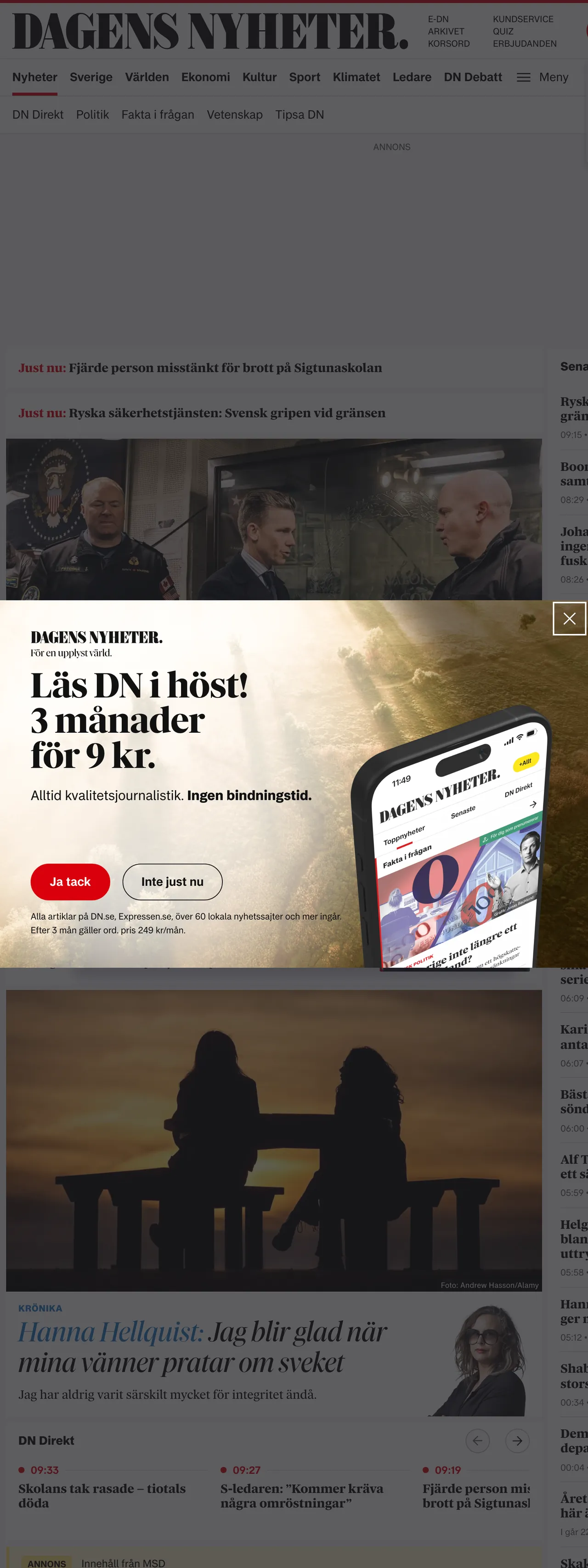 Screenshot of the Dagens Nyheter front page
