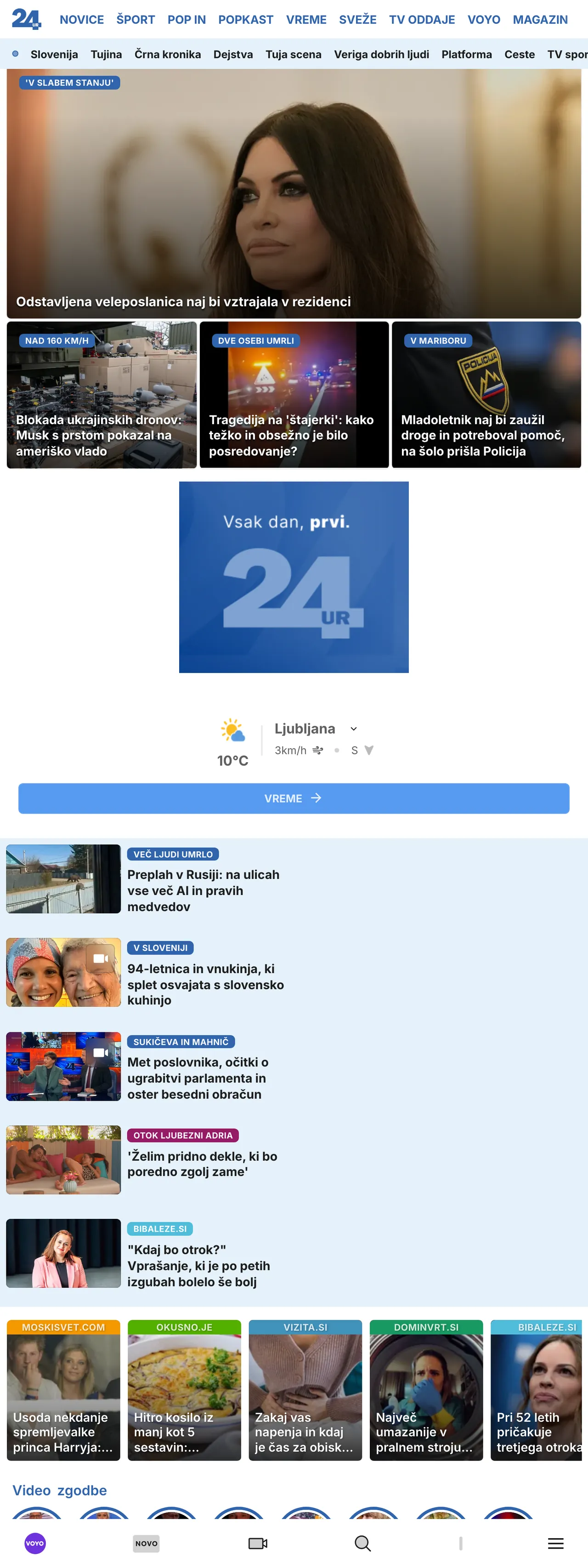 Screenshot of the 24ur front page