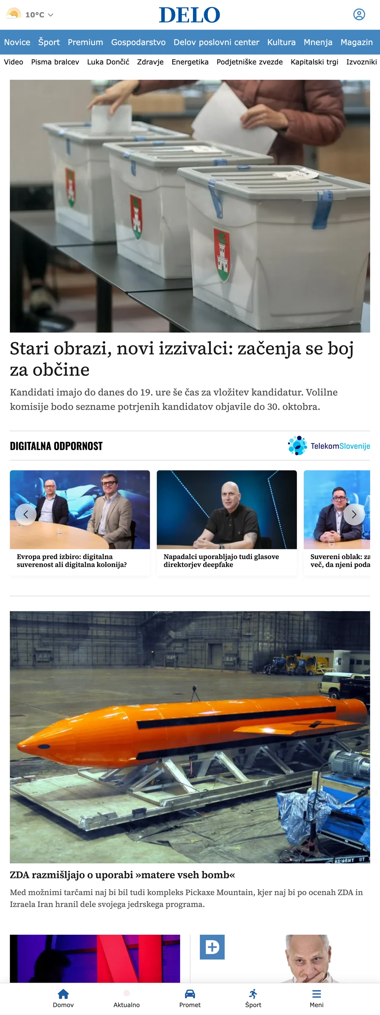 Screenshot of the Delo front page