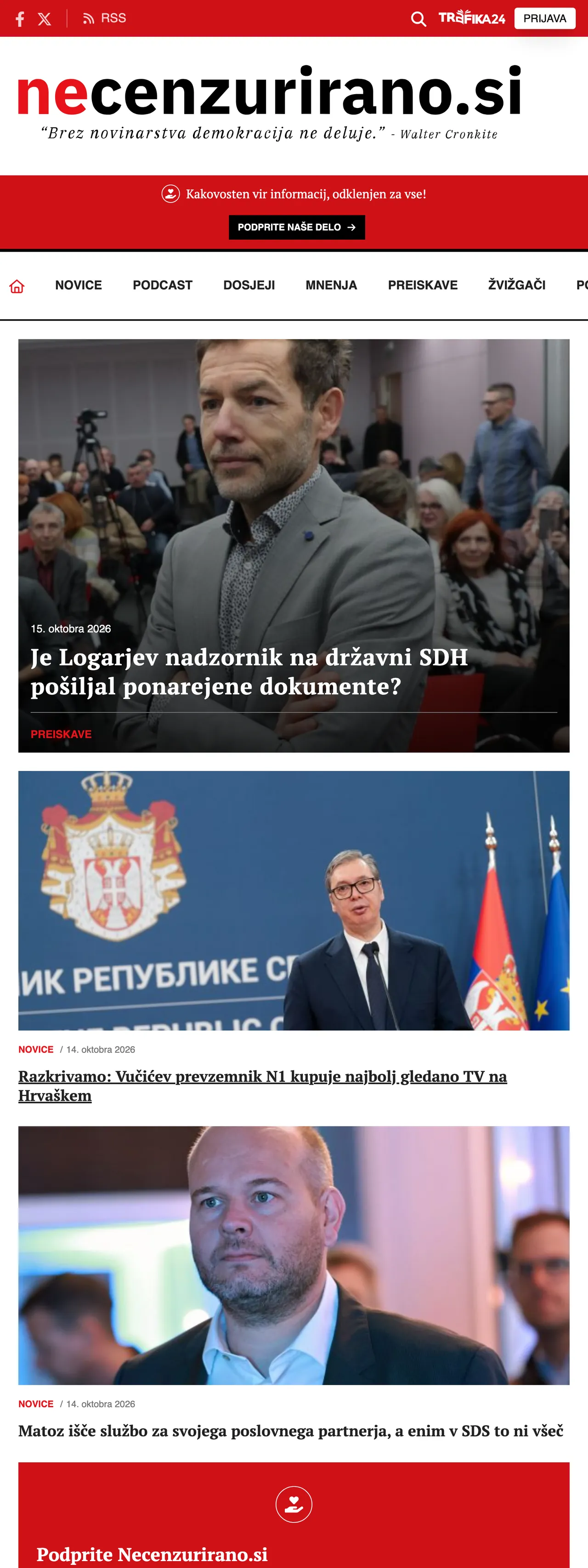 Screenshot of the Necenzurirano front page