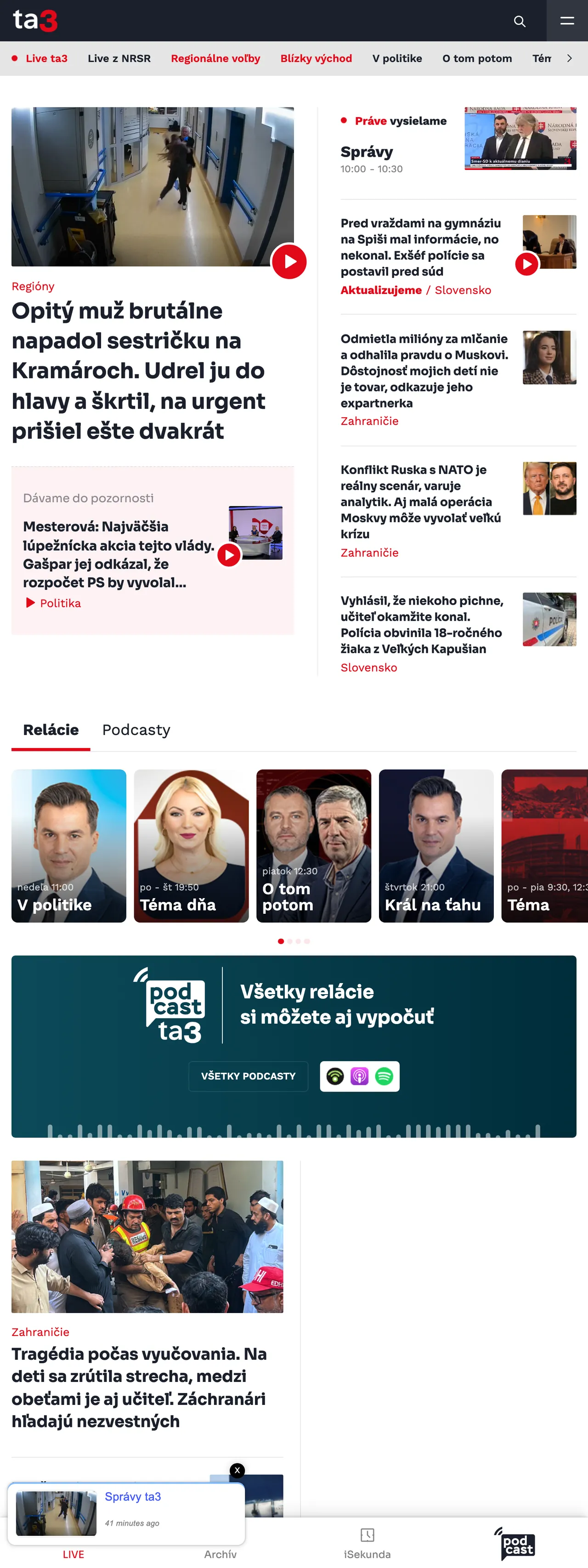 Screenshot of the TA3 front page