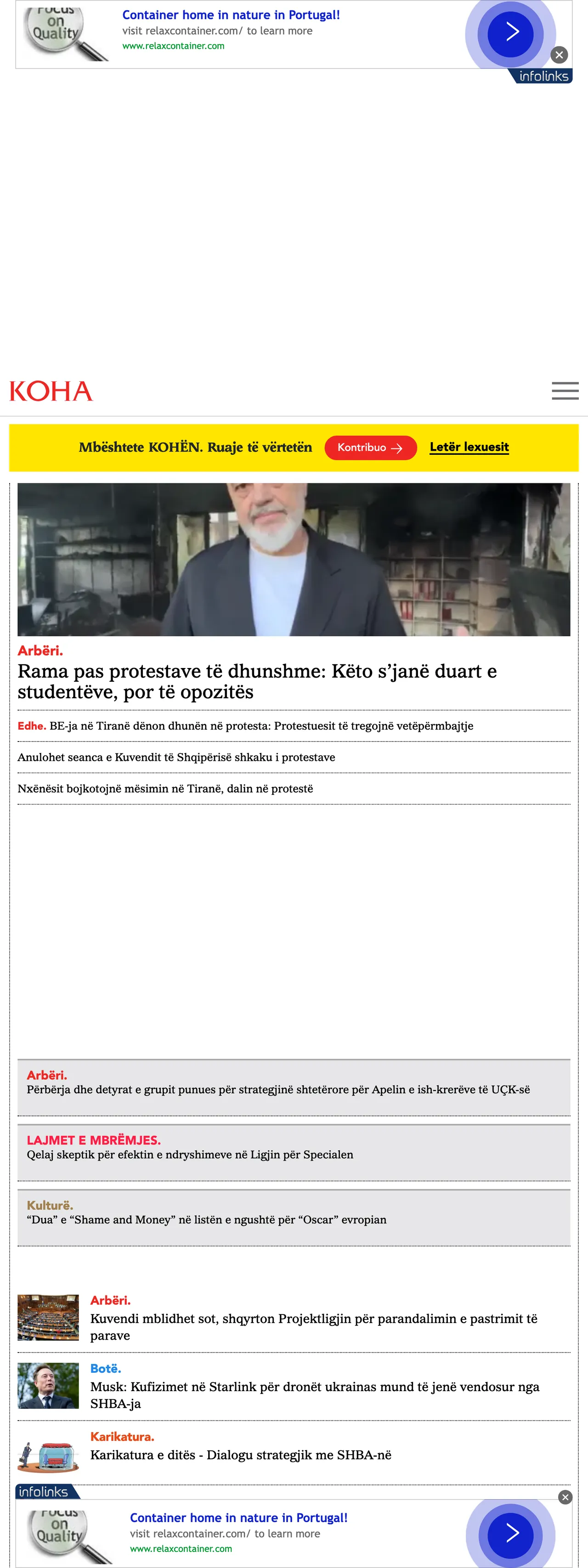 Screenshot of the Koha Ditore front page