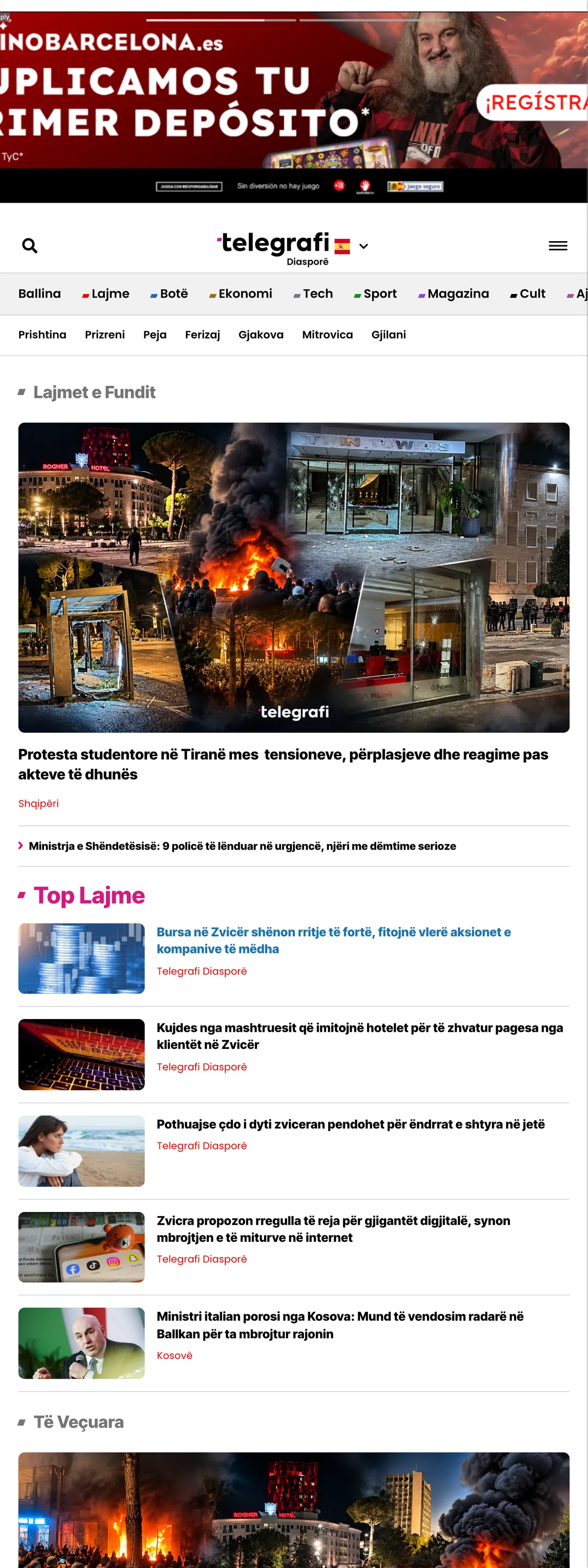 Screenshot of the Telegrafi front page