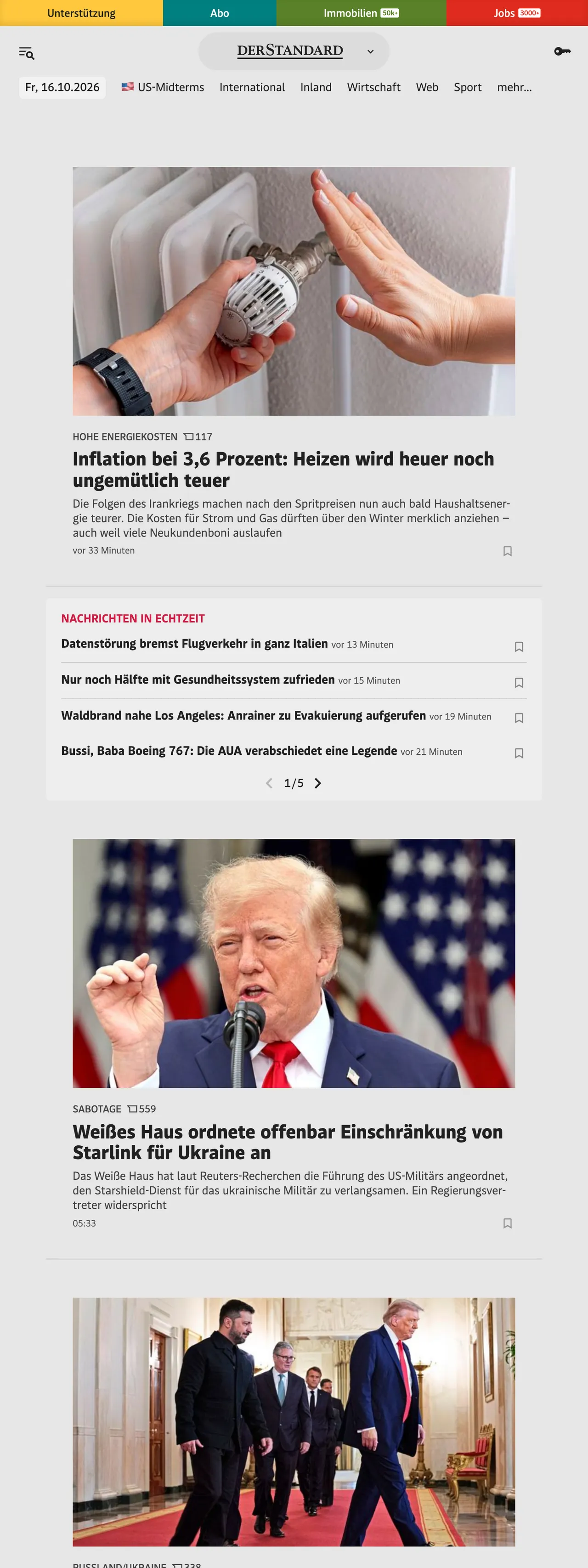 Screenshot of the DER STANDARD front page