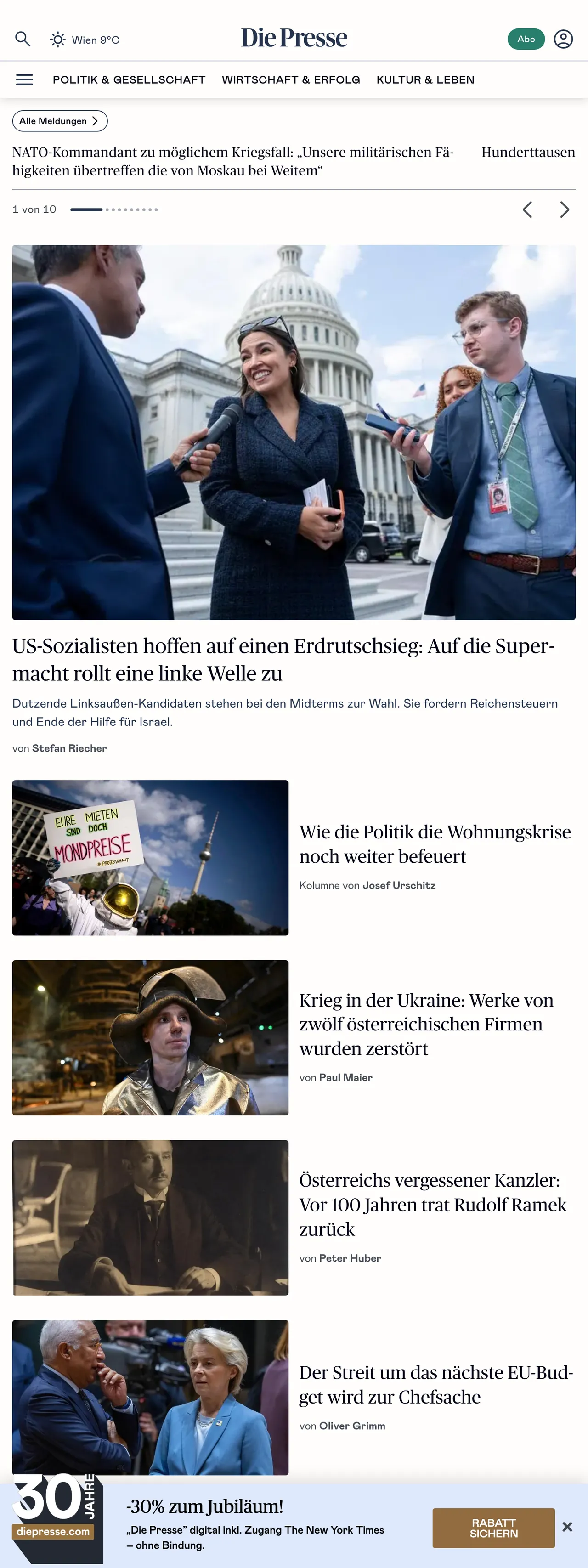 Screenshot of the Die Presse front page