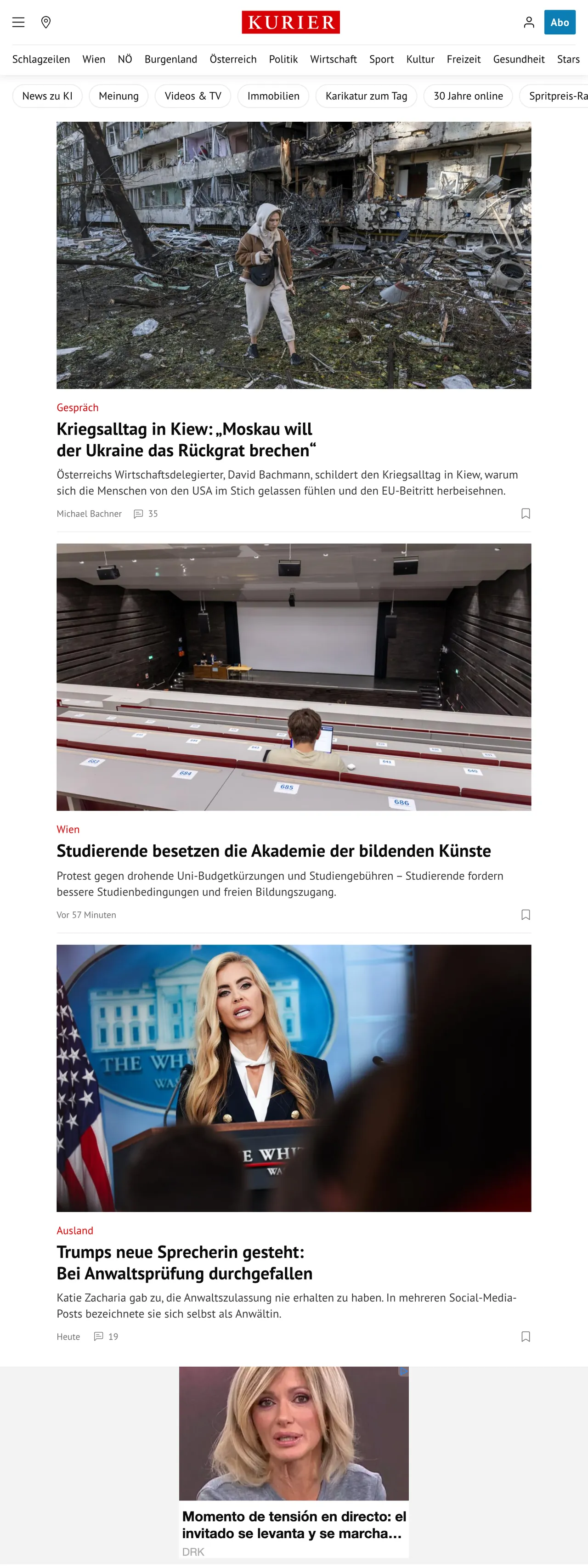 Screenshot of the Kurier front page