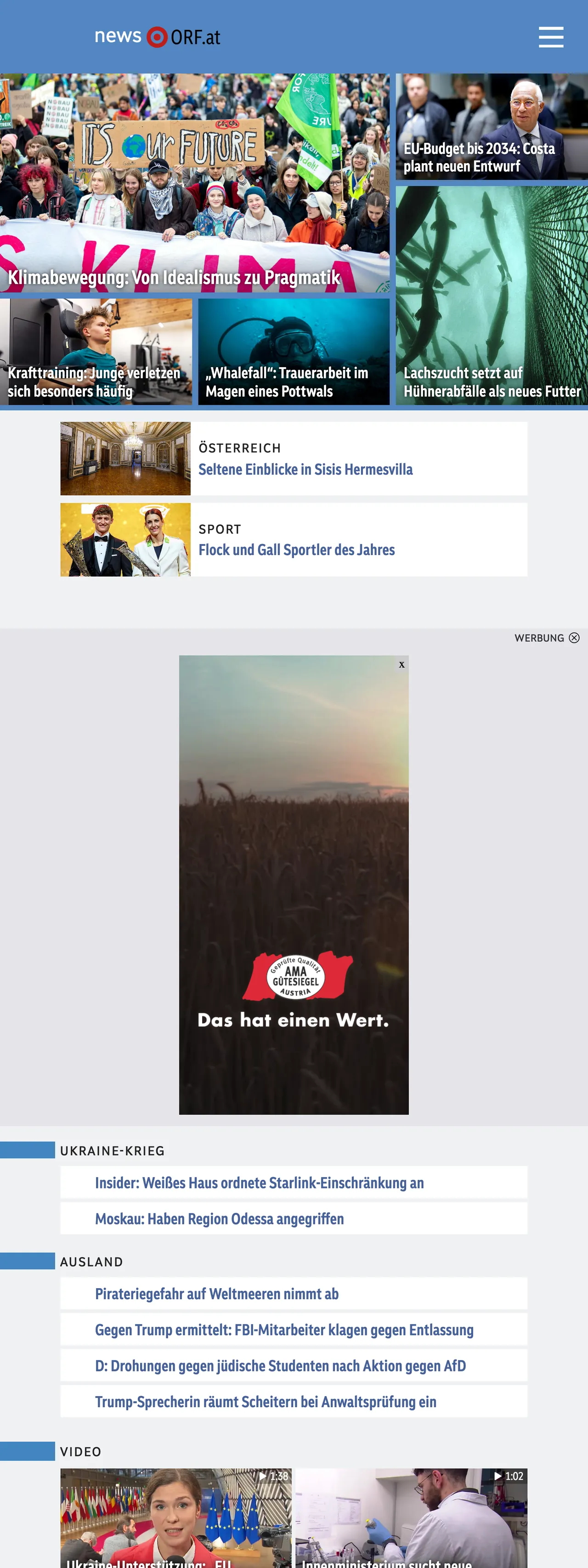 Screenshot of the ORF front page