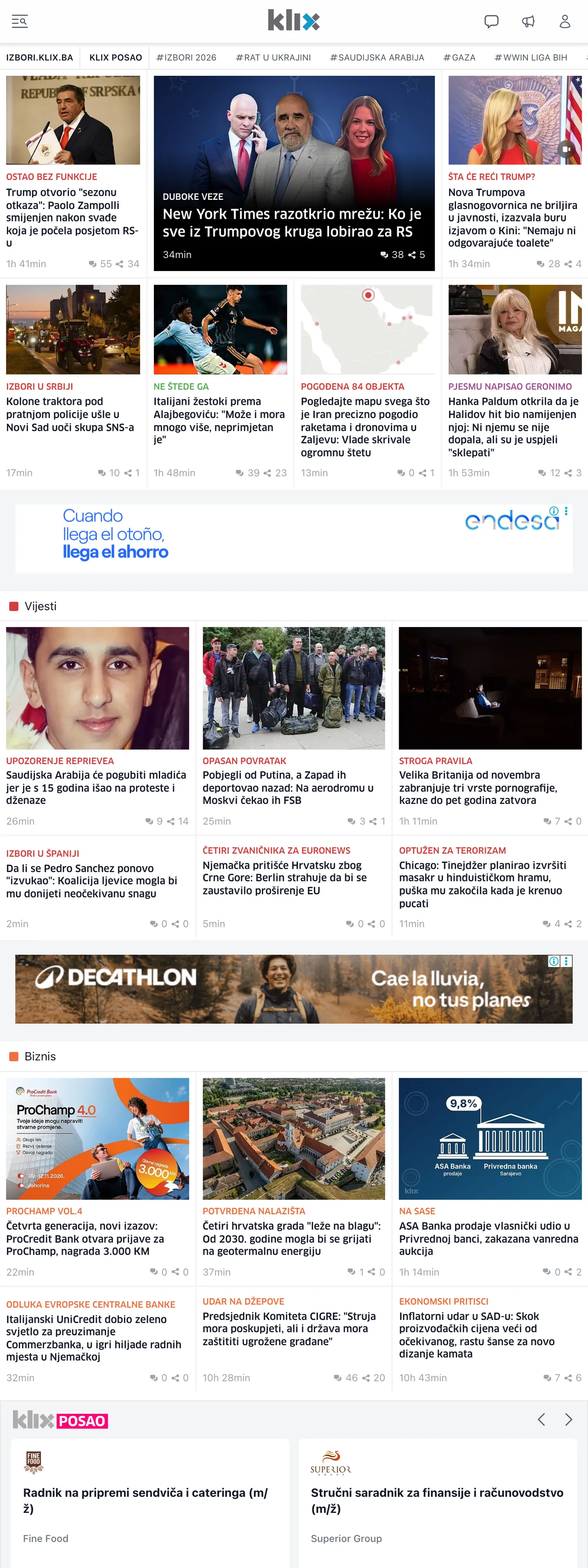 Screenshot of the Klix.ba front page