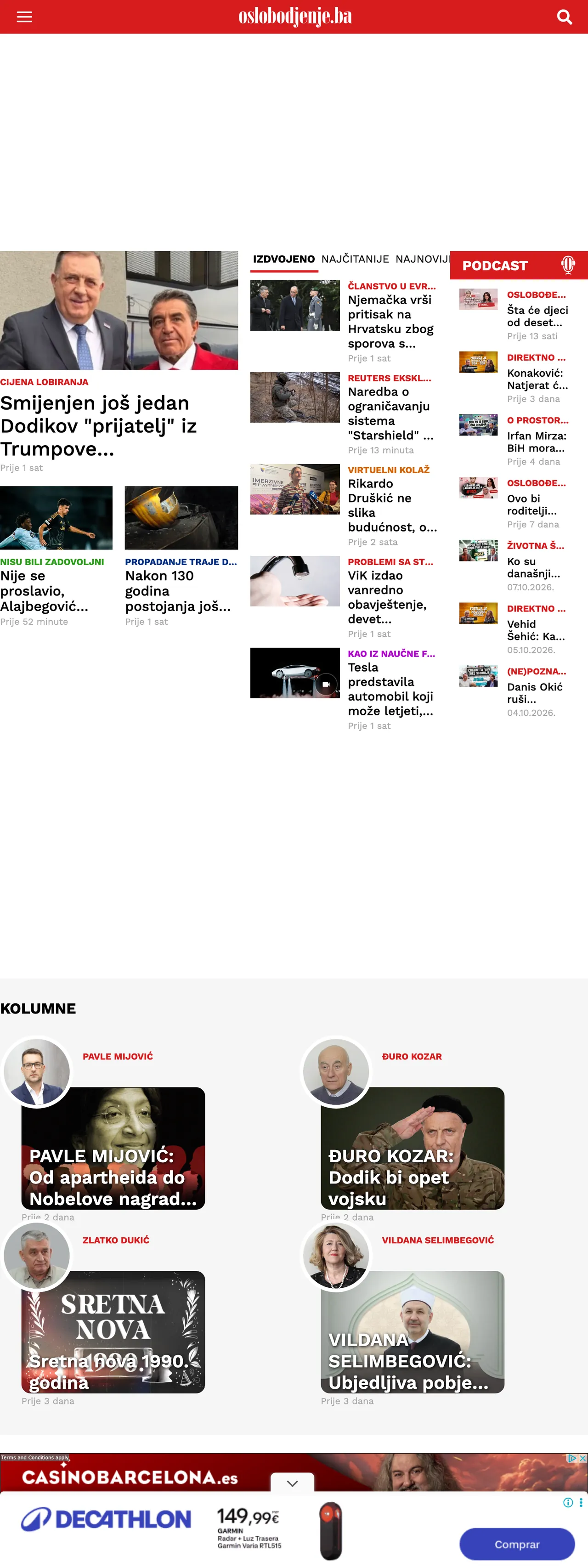 Screenshot of the Oslobođenje front page