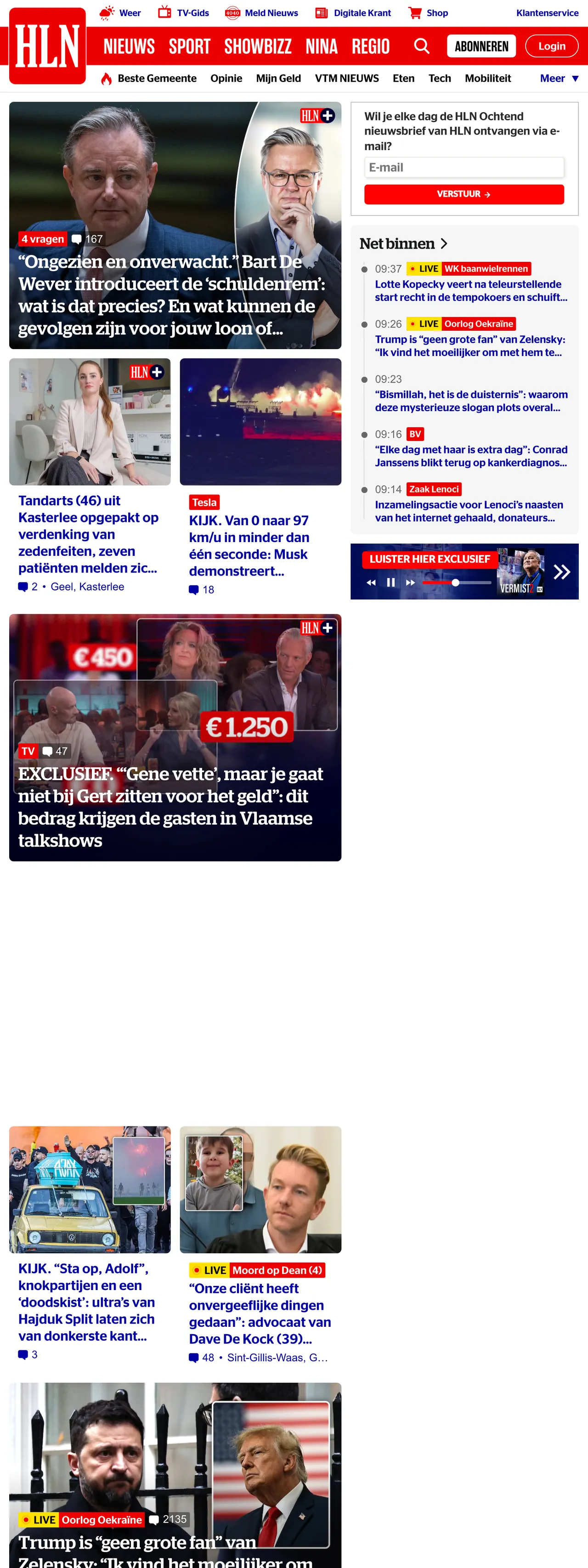 Screenshot of the HLN front page